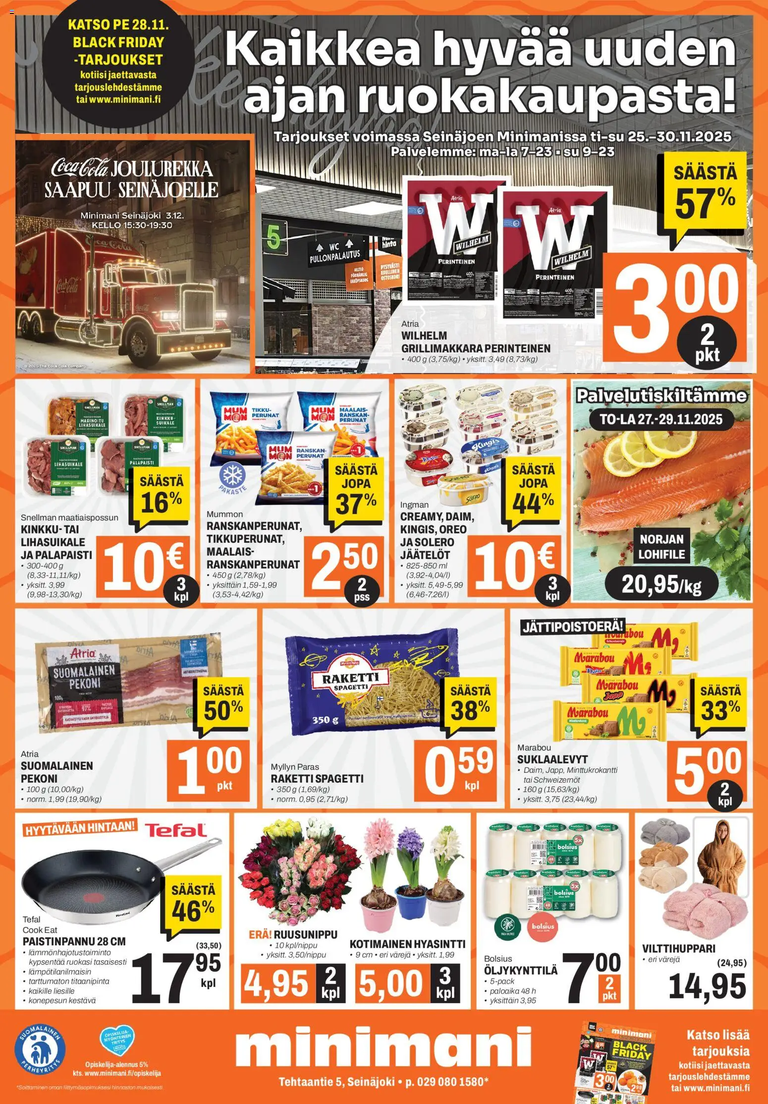 Kaupan Minimani Tarjoukset - Seinäjoki esikatselu, voimassa 25/11/2025 - Kello, Coca cola, Paistinpannu, Kinkku, Oreo, Pekoni, Spagetti, Ranskanperunat