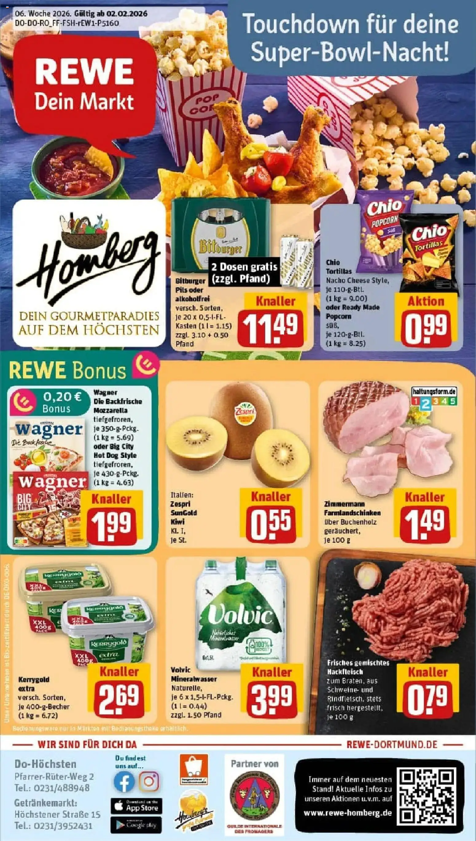 Vorschau von dem Prospekt des Geschäftes Rewe, gültig ab dem 02.02.2026 - Tortillas, Mozzarella, Mineralwasser, Popcorn, Bitburger, Volvic, Pils, Chio tortillas