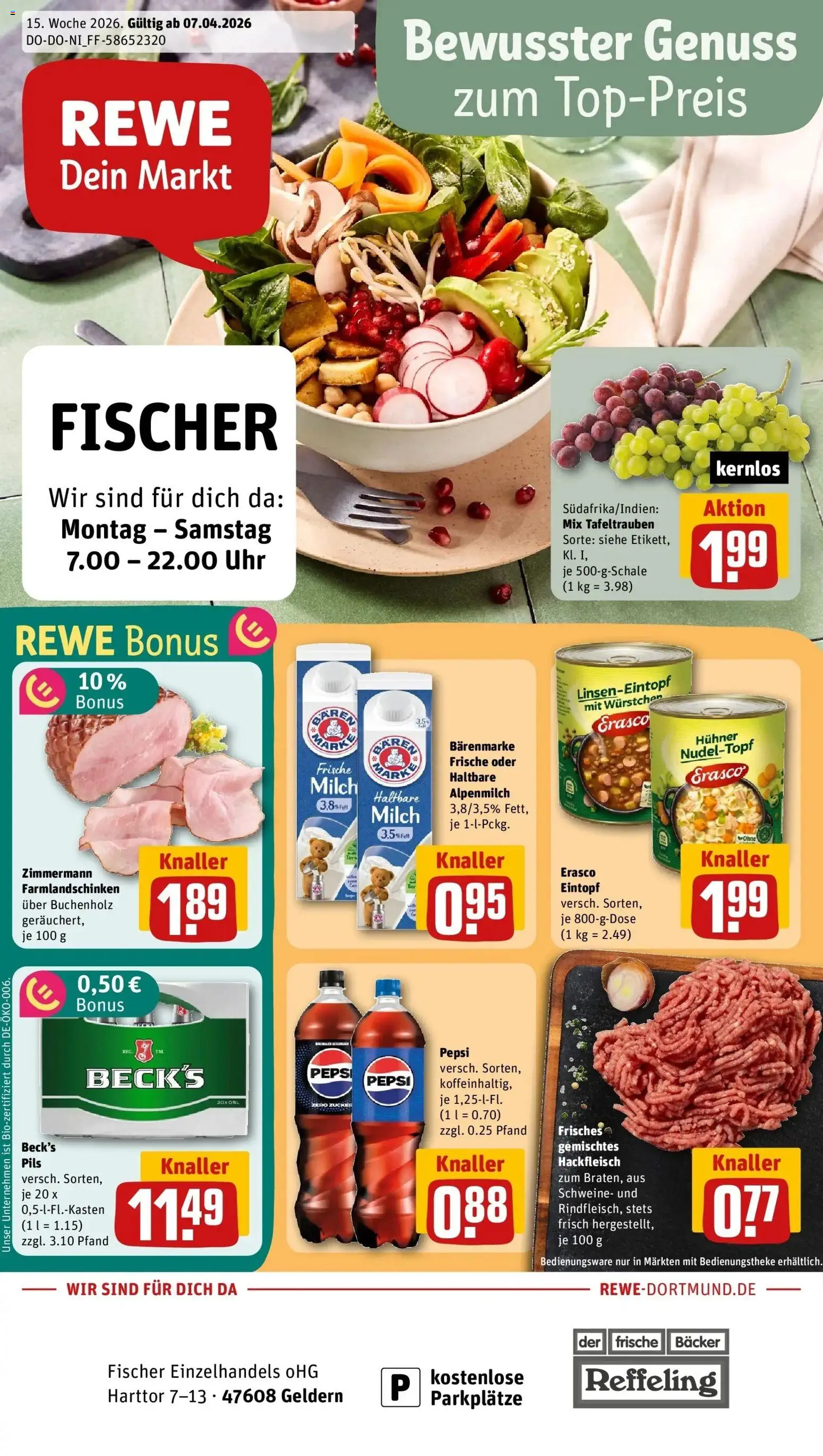 Vorschau von dem Prospekt des Geschäftes Rewe, gültig ab dem 05.04.2026 - Uhr, Milch, Hackfleisch, Zucker, Pepsi, Pils, Erasco