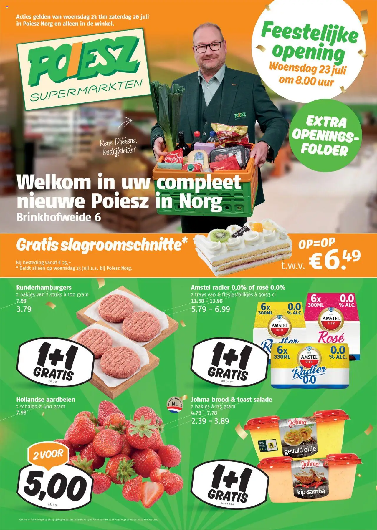 Poiesz shop Folder - Openingsfolder Norg geldig vanaf 23-07-2025 - Paginanummer 1 - Bier, Aardbeien, Brood, Salade, Toast, Kan, Radler