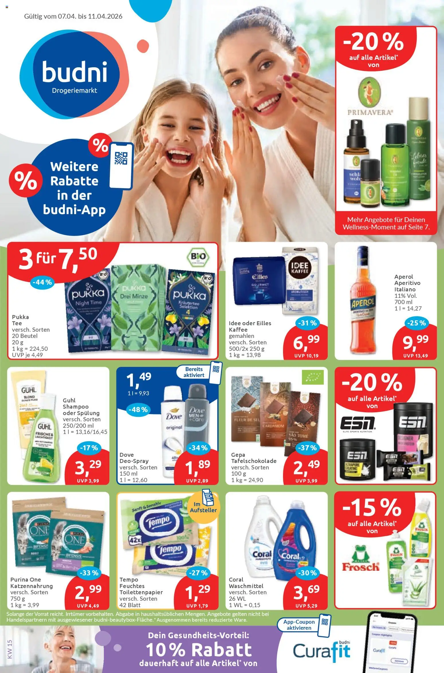 Vorschau von dem Prospekt des Geschäftes Budni, gültig ab dem 07.04.2026 - Kaffee, Aperol, Toilettenpapier, Shampoo, Tempo, Kräutertee, Spülung, Deospray