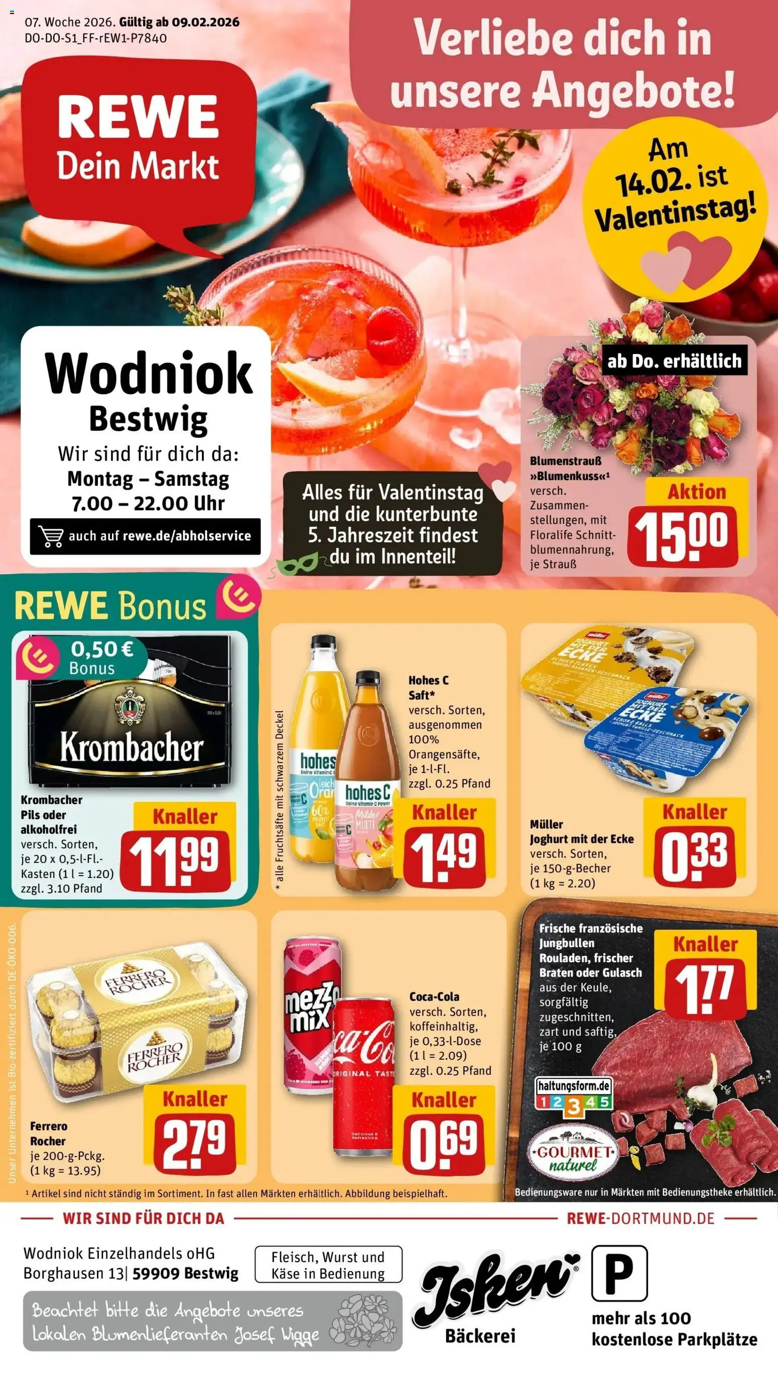 Vorschau von dem Prospekt des Geschäftes Rewe, gültig ab dem 09.02.2026 - Bäckerei, Wurst, Gulasch, Cola, Joghurt, Krombacher, Ferrero rocher, Hohes c
