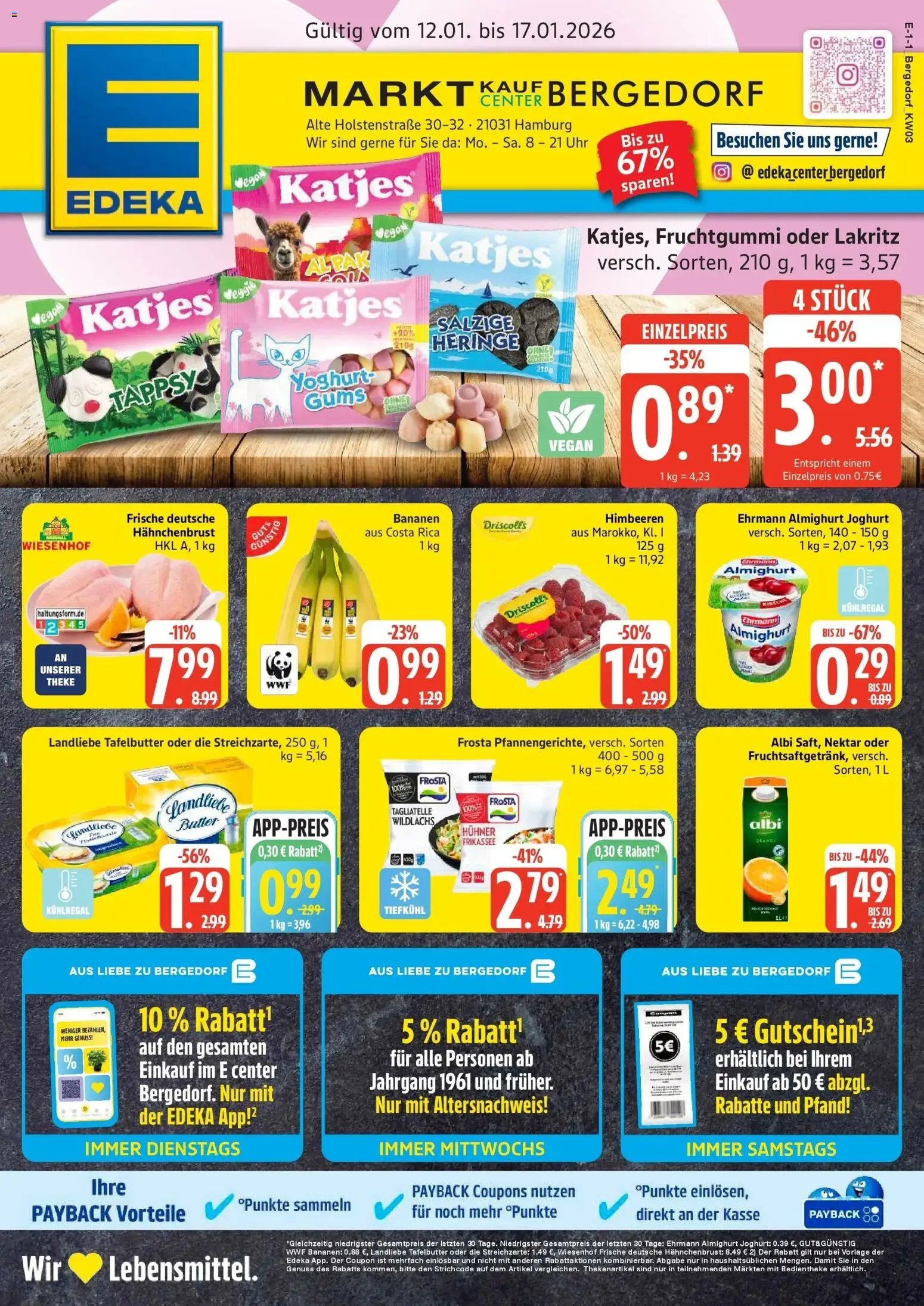 Vorschau von dem Prospekt des Geschäftes Marktkauf, gültig ab dem 11.01.2026 - Uhr, Butter, Joghurt, Himbeeren, Bananen, Katjes, Theke, Ehrmann almighurt