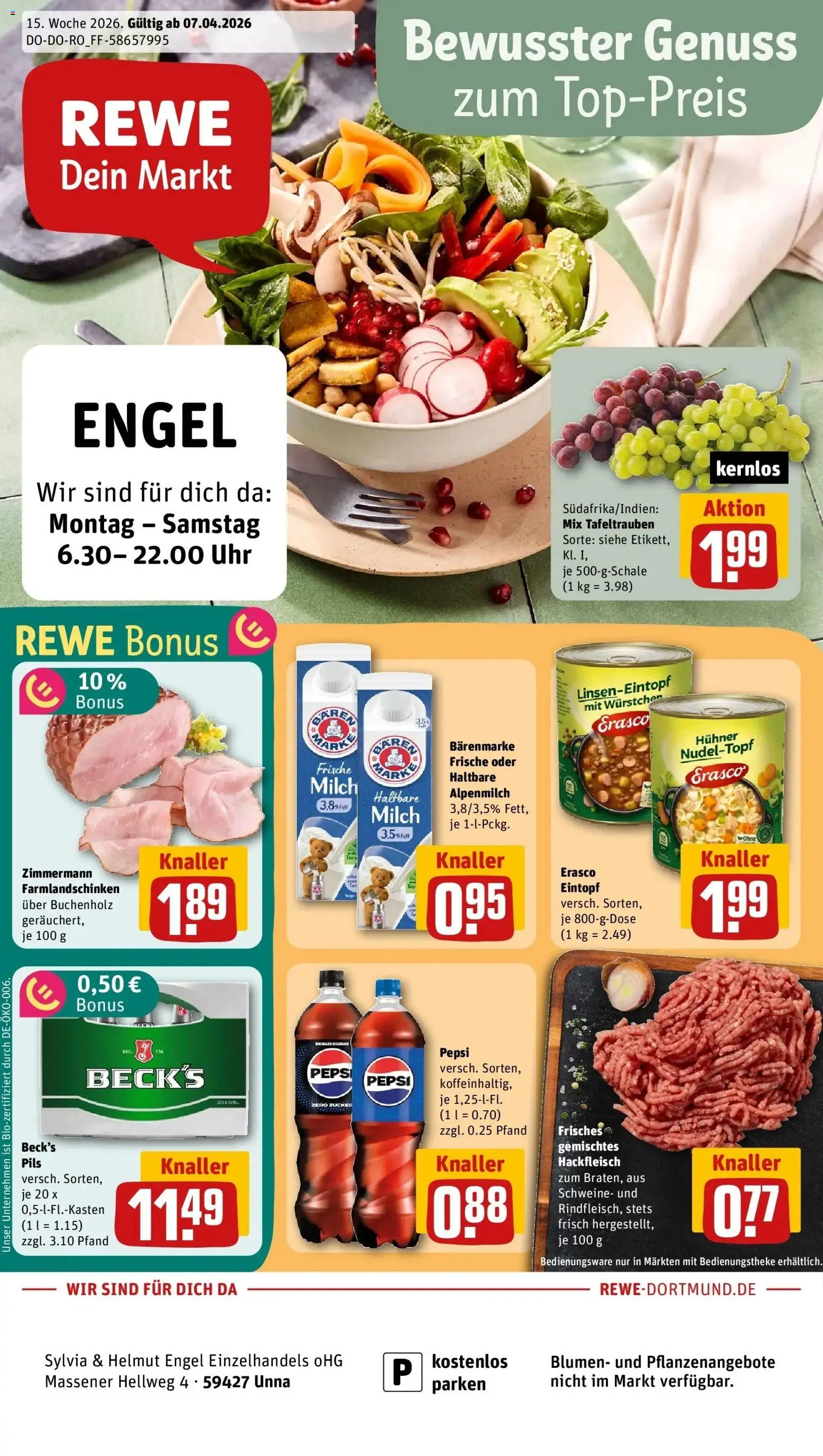 Vorschau von dem Prospekt des Geschäftes Rewe, gültig ab dem 05.04.2026 - Blumen, Uhr, Milch, Hackfleisch, Zucker, Pepsi, Haltbare milch, Pils
