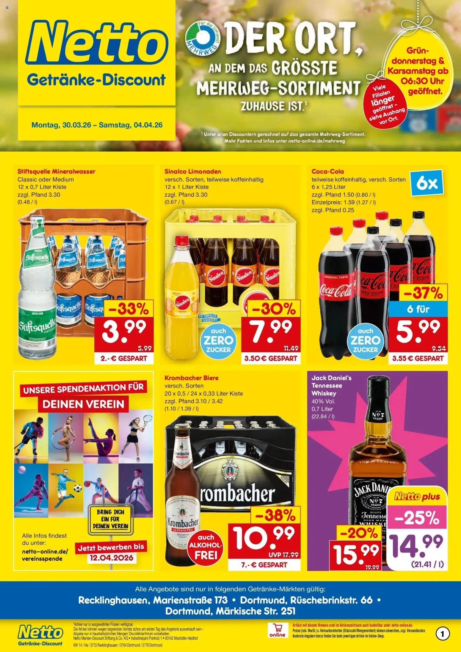 Vorschau von dem Prospekt des Geschäftes Netto Marken-Discount, gültig ab dem 30.03.2026 - Uhr, Cola, Mineralwasser, Alkohol, Krombacher, Sinalco, Jack Daniel's, Coca cola zero