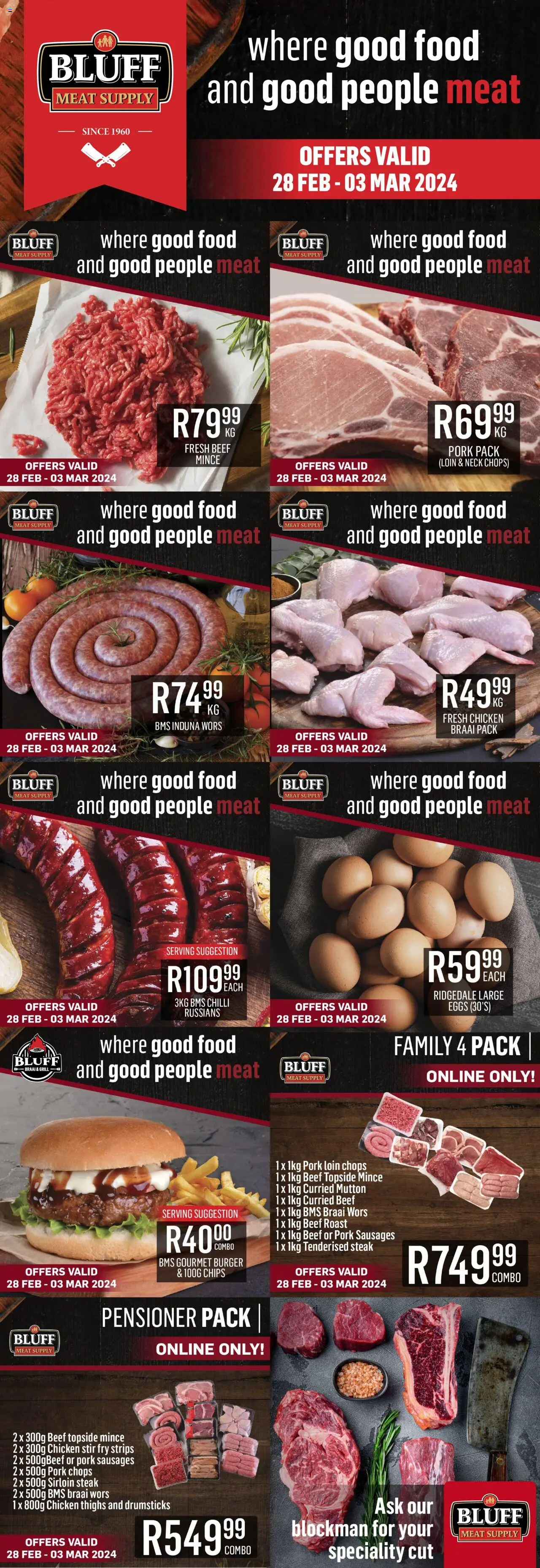 Preview of Bluff Meat Supply flyer valid from 01/02/2026 - Chicken, Eggs, Steak, Chips, Grill, Pork, Beef, Chilli