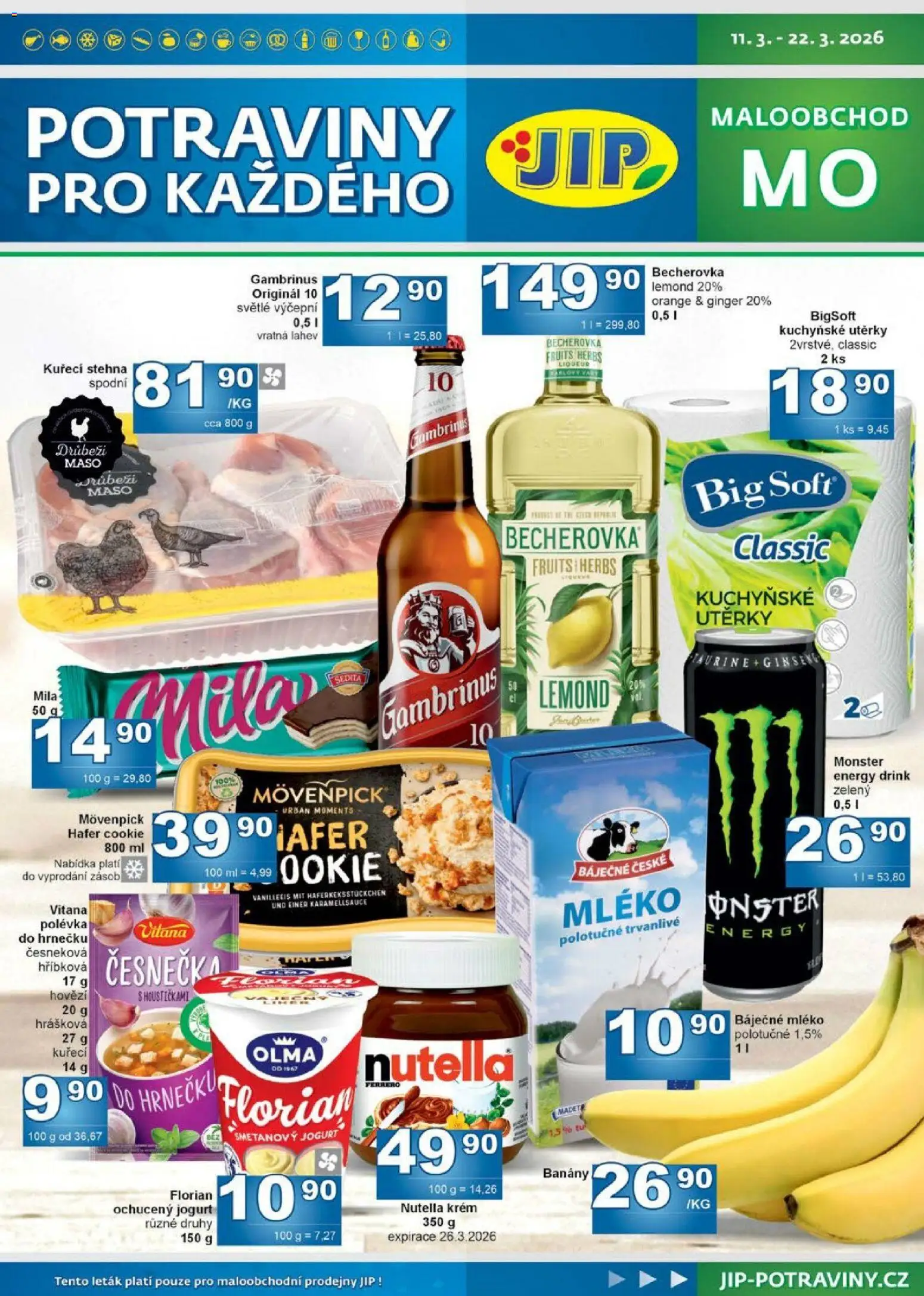 Náhled nabídky: Jip Jip leták platný od 11.03.2026 - Maso, Mléko, Becherovka, Hovězí, Mila, Láhev, Kuchyňské utěrky, Ochucený jogurt