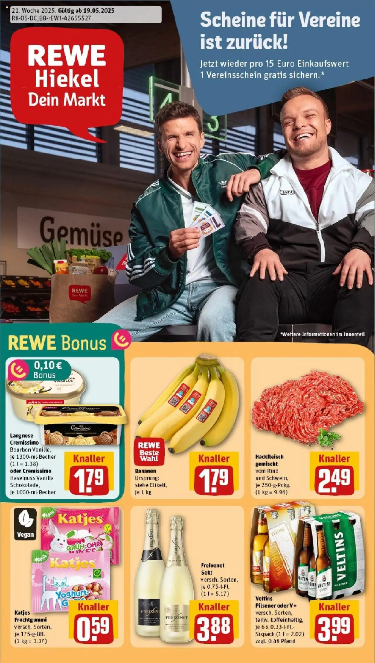 REWE Prospekt ab 18.05.2025 nächste Woche - Rewe: Wochenangebote - Bananen, Hackfleisch, Katjes, Bourbon, Langnese, Freixenet, Cremissimo, Langnese cremissimo
