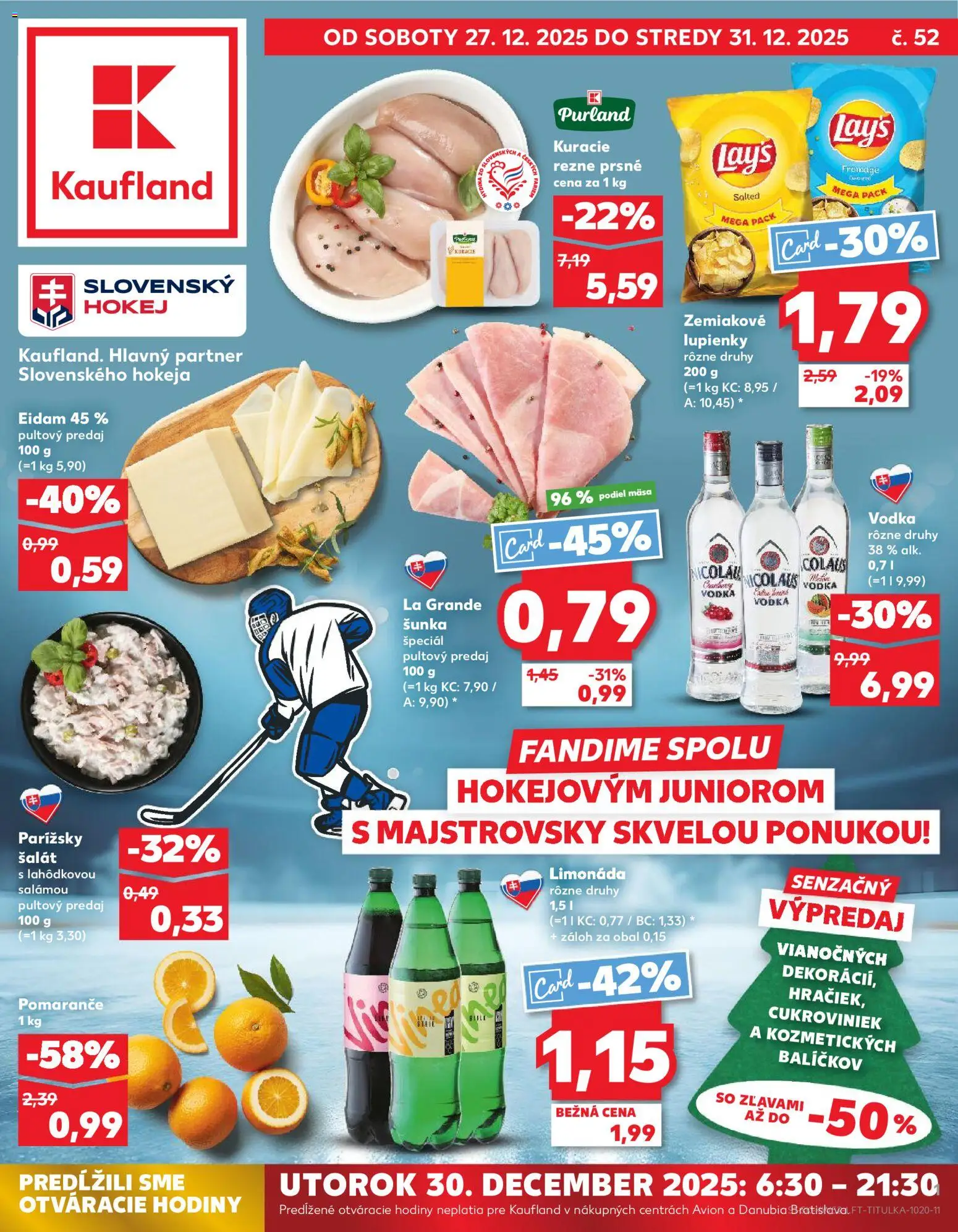 Náhľad Kaufland letáku platného od 27.12.2025 - Hodiny, Vodka, Šalát, Nicolaus vodka, Kuracie rezne, Šunka, Pomaranče, Eidam