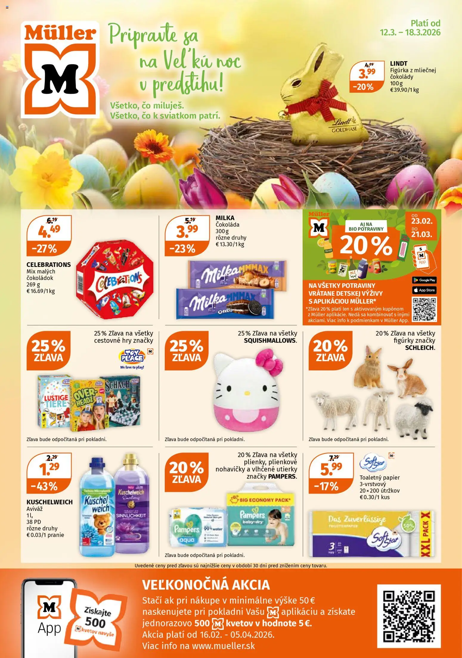 Náhľad Müller letáku platného od 12.03.2026 - Čokoláda, Lindt, Milka, Toaletný papier, Nohavičky, Pampers, Aviváž, Utierky