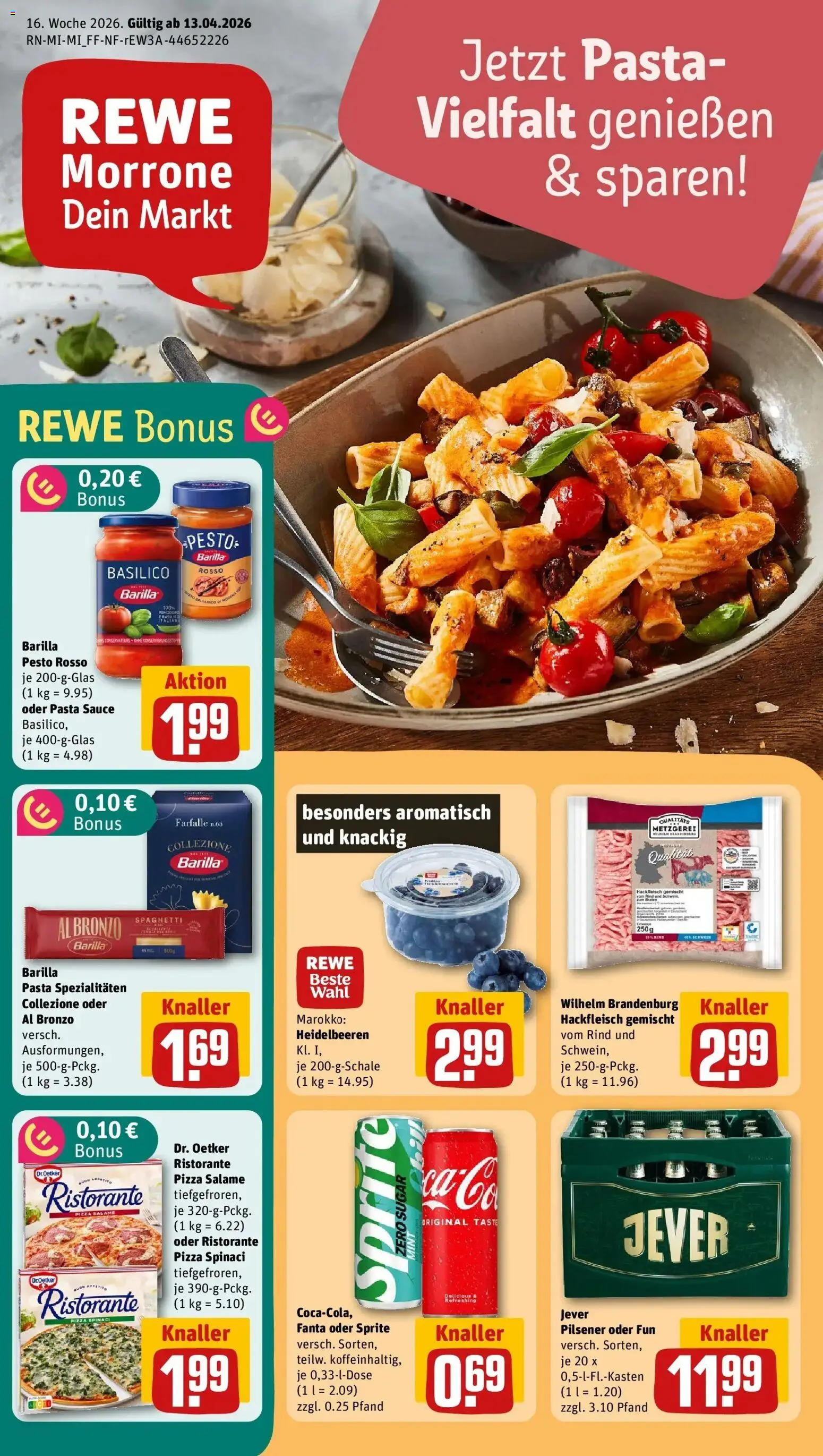 Vorschau von dem Prospekt des Geschäftes Rewe, gültig ab dem 12.04.2026 - Pasta, Spaghetti, Heidelbeeren, Jever, Hackfleisch, Ristorante, Barilla, Spezialitäten