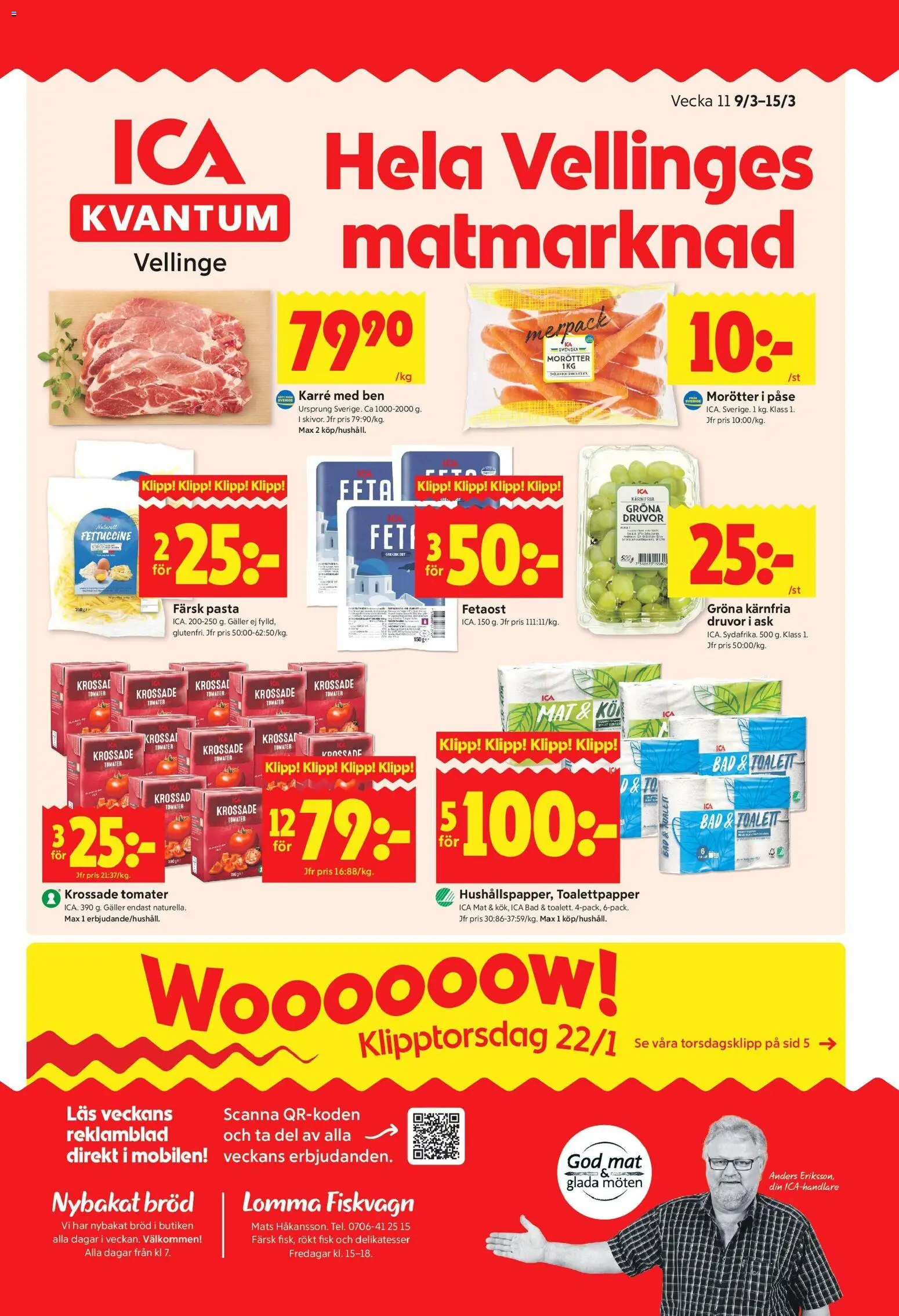 Förhandsgranska reklamblad Vellinge från butik ICA Kvantum gäller från 09/03/2026 - Pasta, Toalett, Fisk, Bröd, Ben, Krossade tomater, Morötter, Tomater