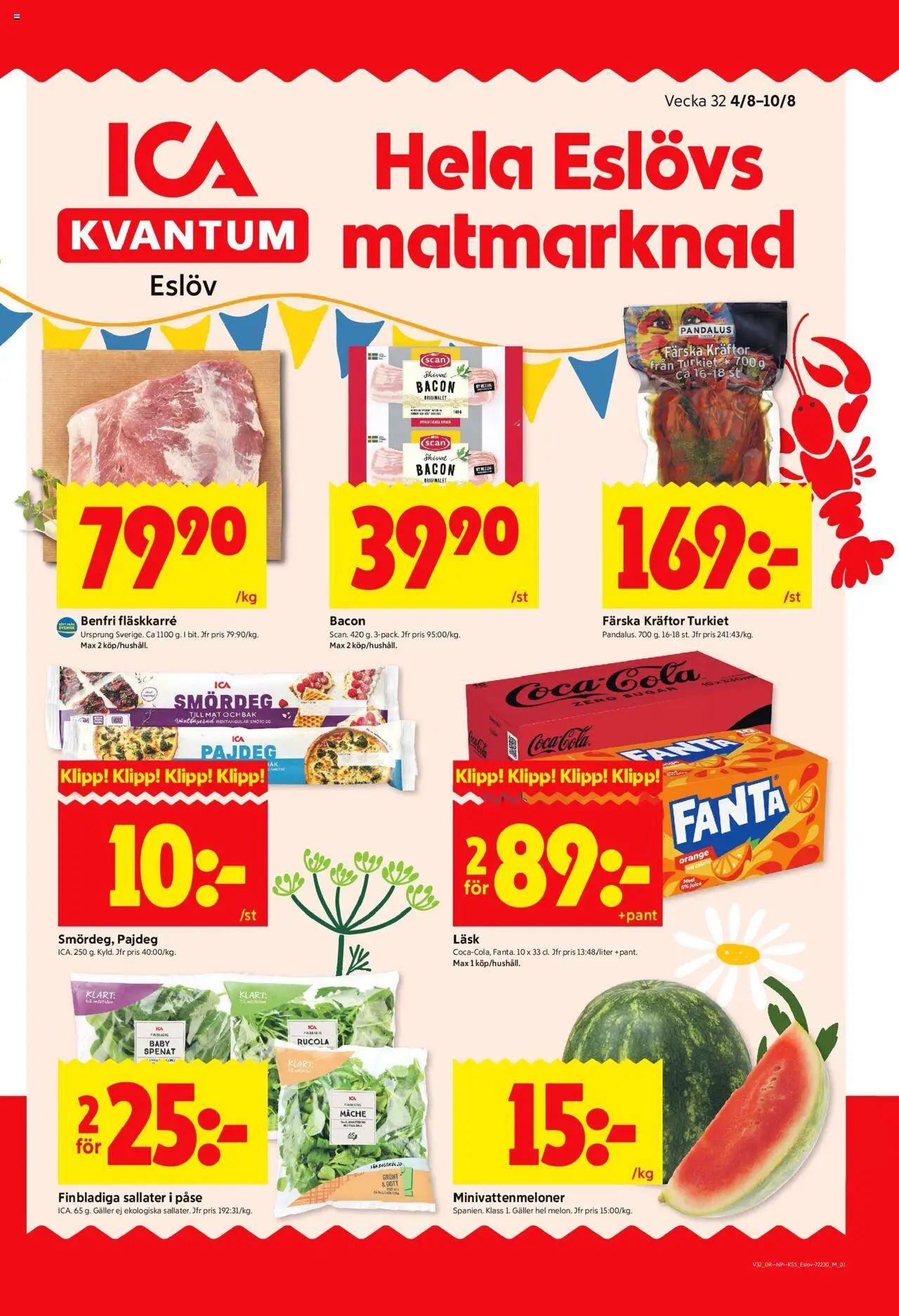 Eslöv är giltig 04/08 2025 > Veckans Erbjudanden gäller från 04/08/2025 till 10/08/2025 sidnummer 1 - Coca cola, Kräftor, Smördeg, Bacon, Galler, Spenat, Coca cola zero, Fläskkarré