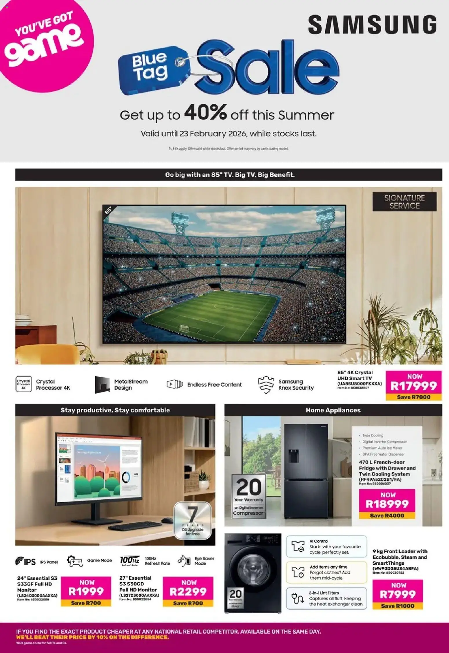 Preview of Game Catalogue Samsung Blue Tag Sale valid 23/01/2026 - Game, Water, Tv, Fridge, Ice, Monitor, Compressor, Ice maker