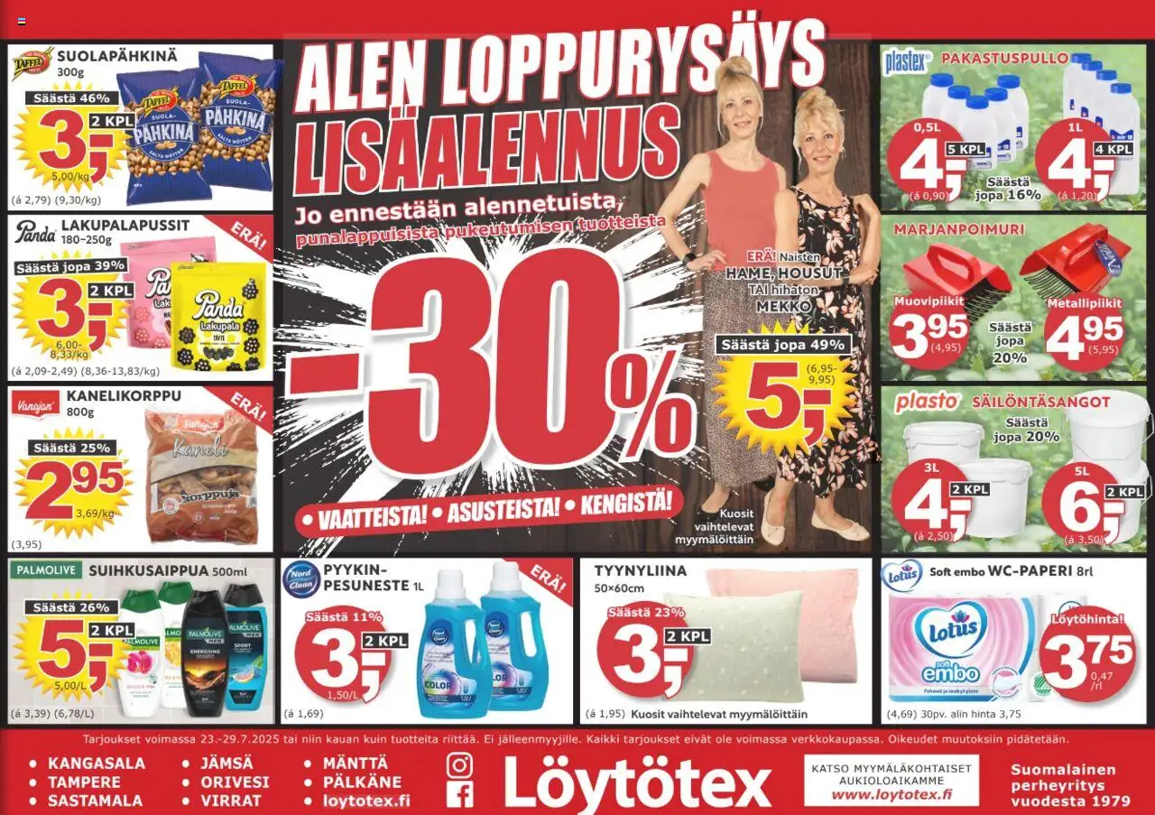 Löytötex-kaupan Tarjoukset voimassa 23/07/2025 - Sivulla 1 - Kaneli, Lotus, Housut, Suola, Pesuneste, Mekko, Tyynyliina