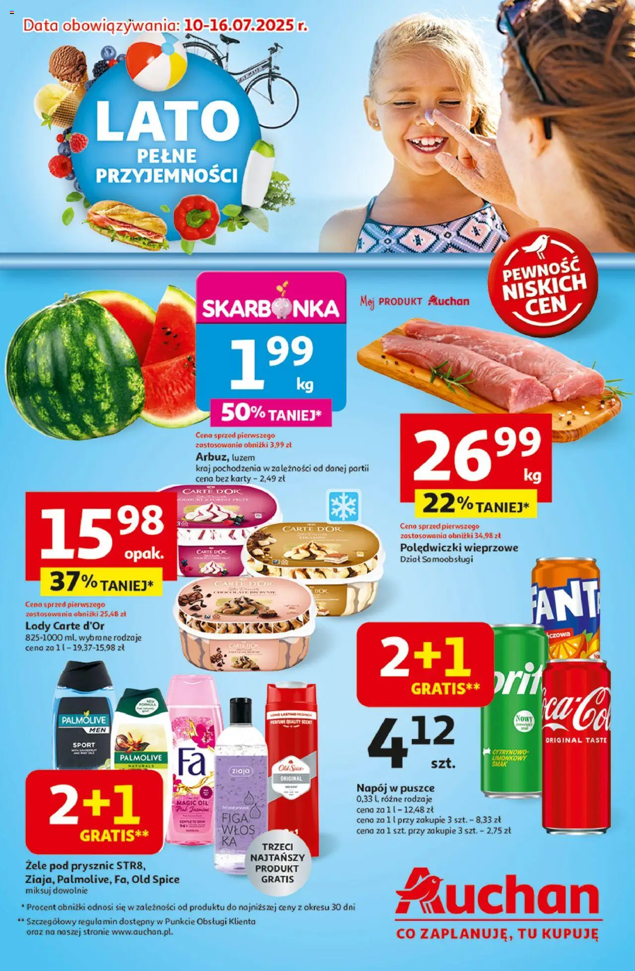 Auchan Lato Pełne Przyjemności Hipermarket od 10.07.2025 - Nowa Gazetka - Numer strony 1 - Lody, Polędwiczki wieprzowe, Prysznic, Old spice, Polędwiczki, Carte D'or