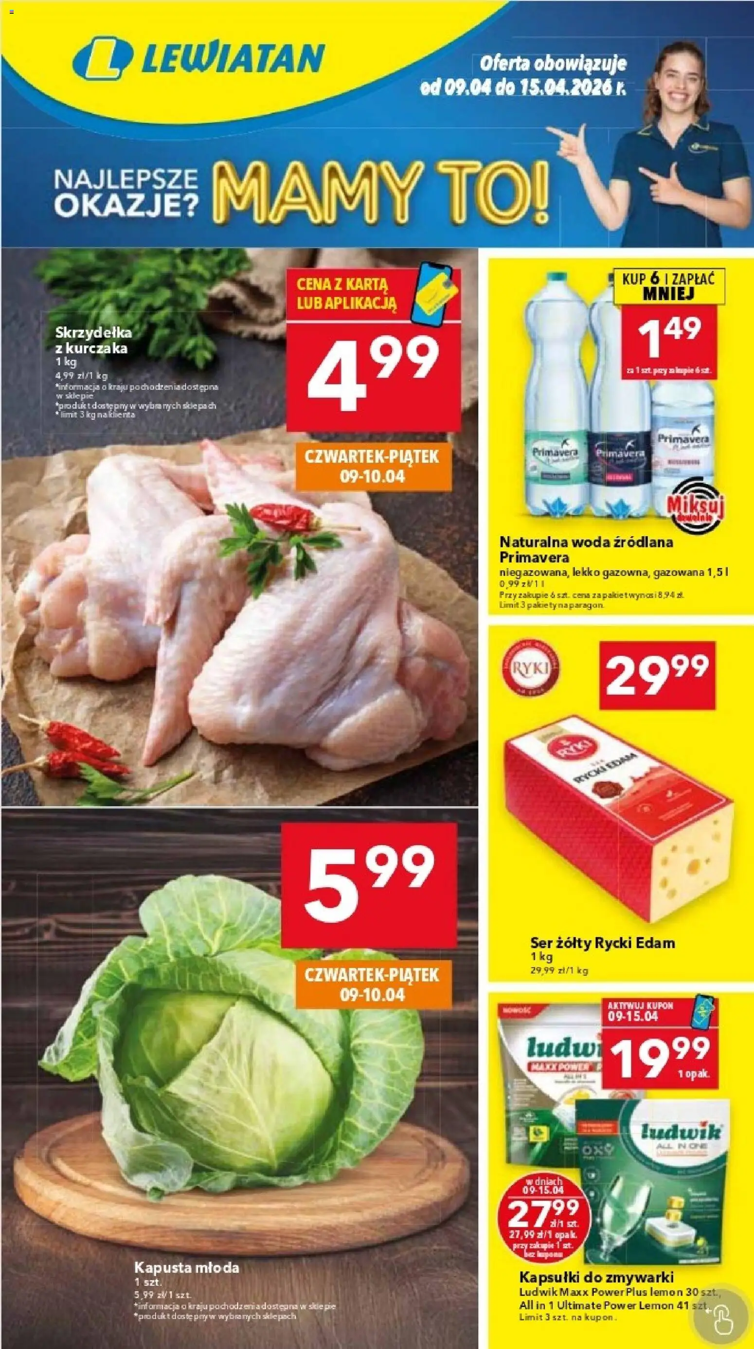 Pogląd gazetki "Lewiatan gazetka - Warszawa" ze sklepu Lewiatan ważnej od 09.04.2026 - Woda, Ser, Kapsułki do zmywarki, Karta, Ser żółty, Woda źródlana, Kapsułki, Skrzydełka