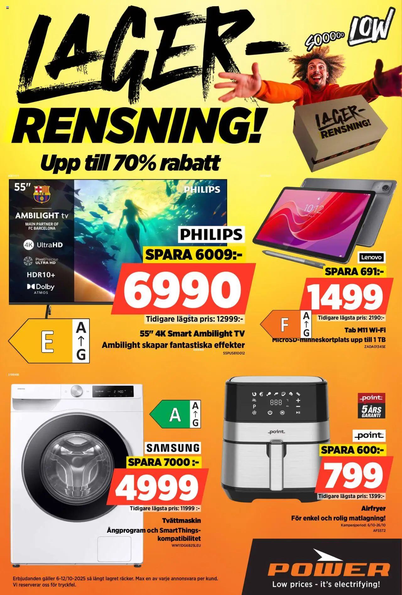 Aktuella reklamblad Power är giltig 06/10 2025 > Veckans Erbjudanden gäller från 06/10/2025 till 12/10/2025 sidnummer 1 - Tv, Airfryer, Tvättmaskin, Wifi, Galler