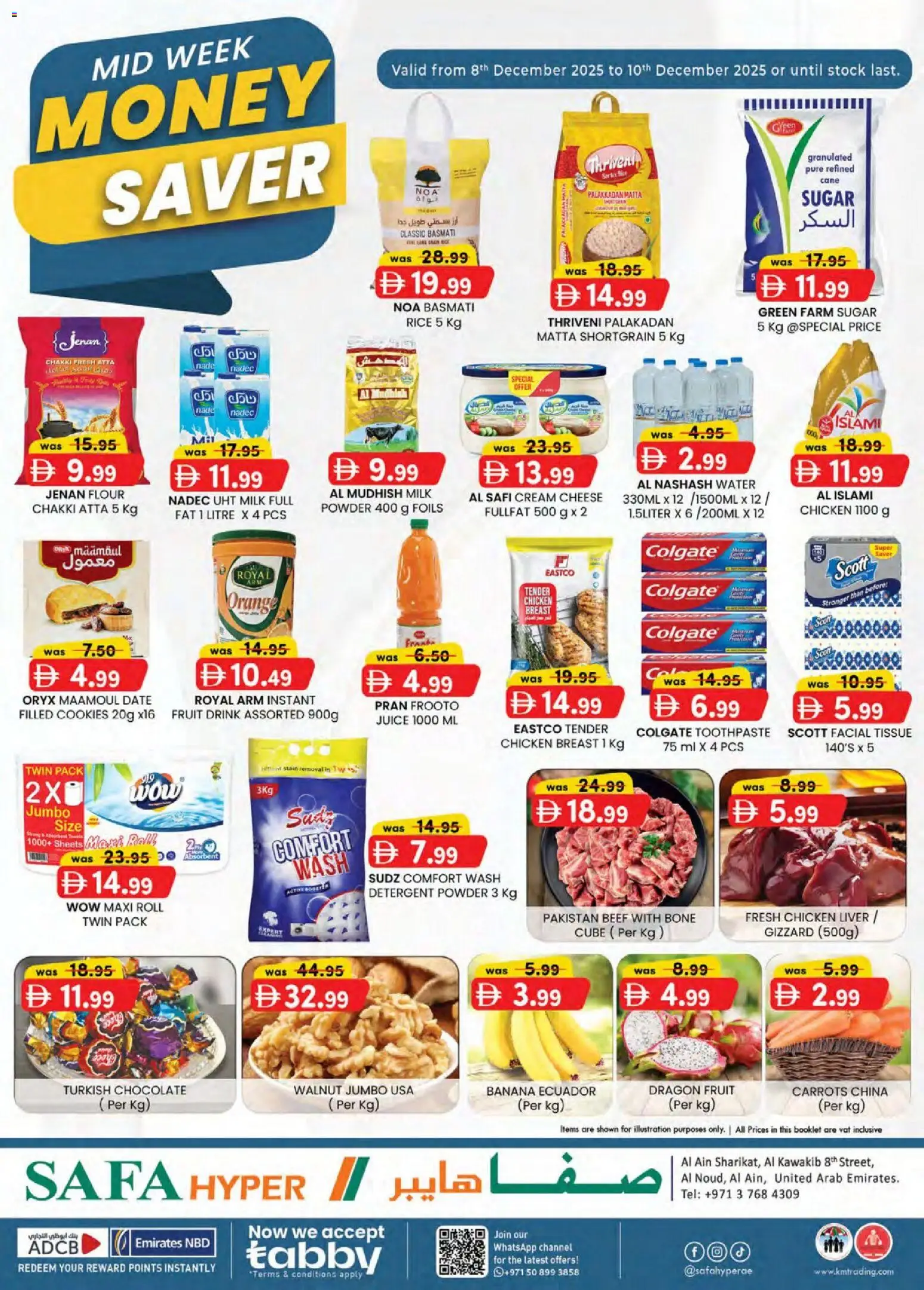 Preview of the catalogue Mid week money saver Safa Hyper edition of store KM Trading valid from 8 Dec, 2025 - Chocolate, Fruit, Milk, Cheese, Juice, Stock, Rice, Toothpaste