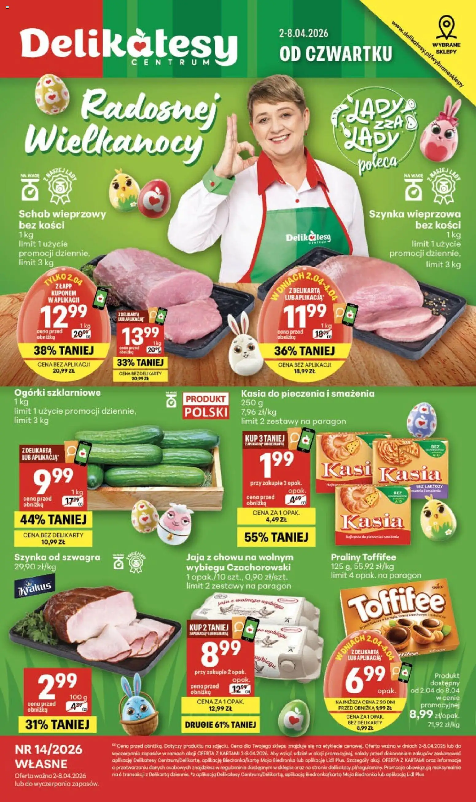 Pogląd gazetki "Delikatesy Centrum gazetka - Sklepy Własne" ze sklepu Delikatesy Centrum ważnej od 02.04.2026 - Delikatesy, Schab, Ogórki, Toffifee, Szynka, Jaja, Szynka wieprzowa, Bez laktozy