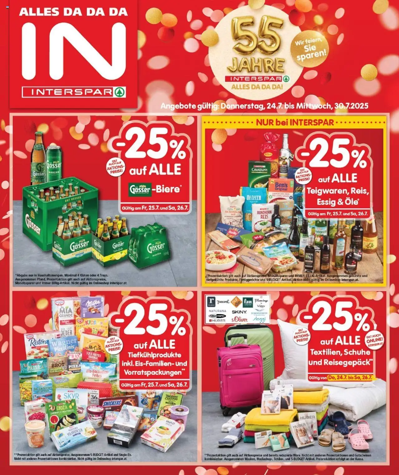  INTERSPAR Flugblatt 24.07.2025 - Angebote "Burgenland" - Seite 1 - Pizza, Brot, Reis, Snickers, Fertiggerichte