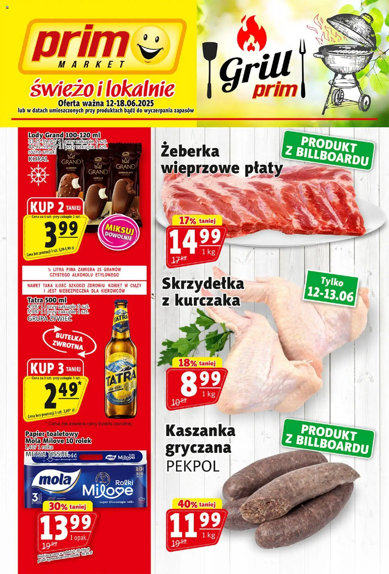 Prim Market Gazetka od 12.06.2025 - Nowa Gazetka - Numer strony 1 - Lody, Grill, Kaszanka, Rolki, Skrzydełka z kurczaka, Papier toaletowy, Skrzydełka, Żeberka wieprzowe