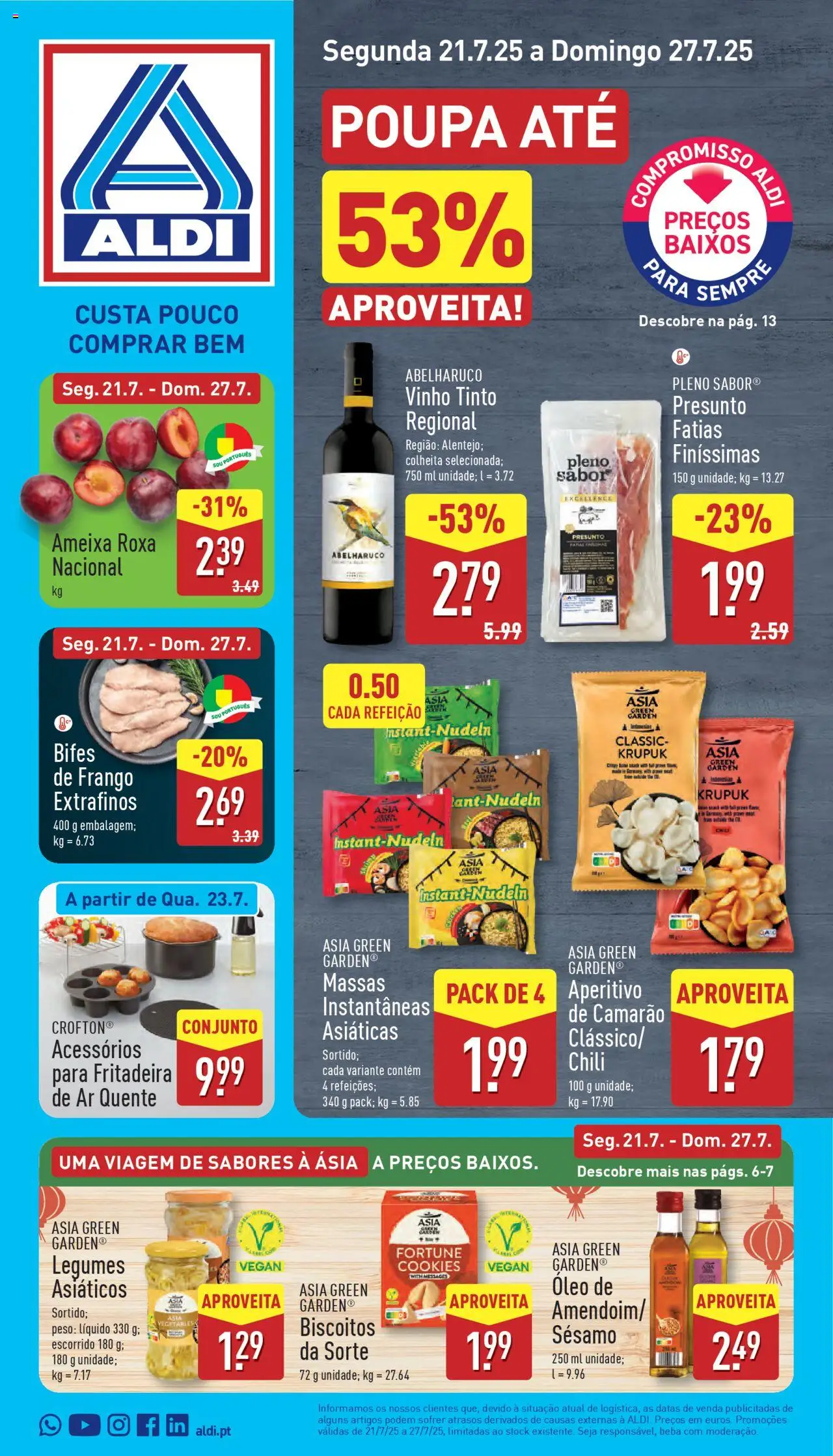 Aldi Folheto de 21/07/2025 - catálogo esta semana - página 1 - Vinho, Camarão, Legumes, Presunto, Biscoitos, Vinho tinto, Óleo, Fritadeira