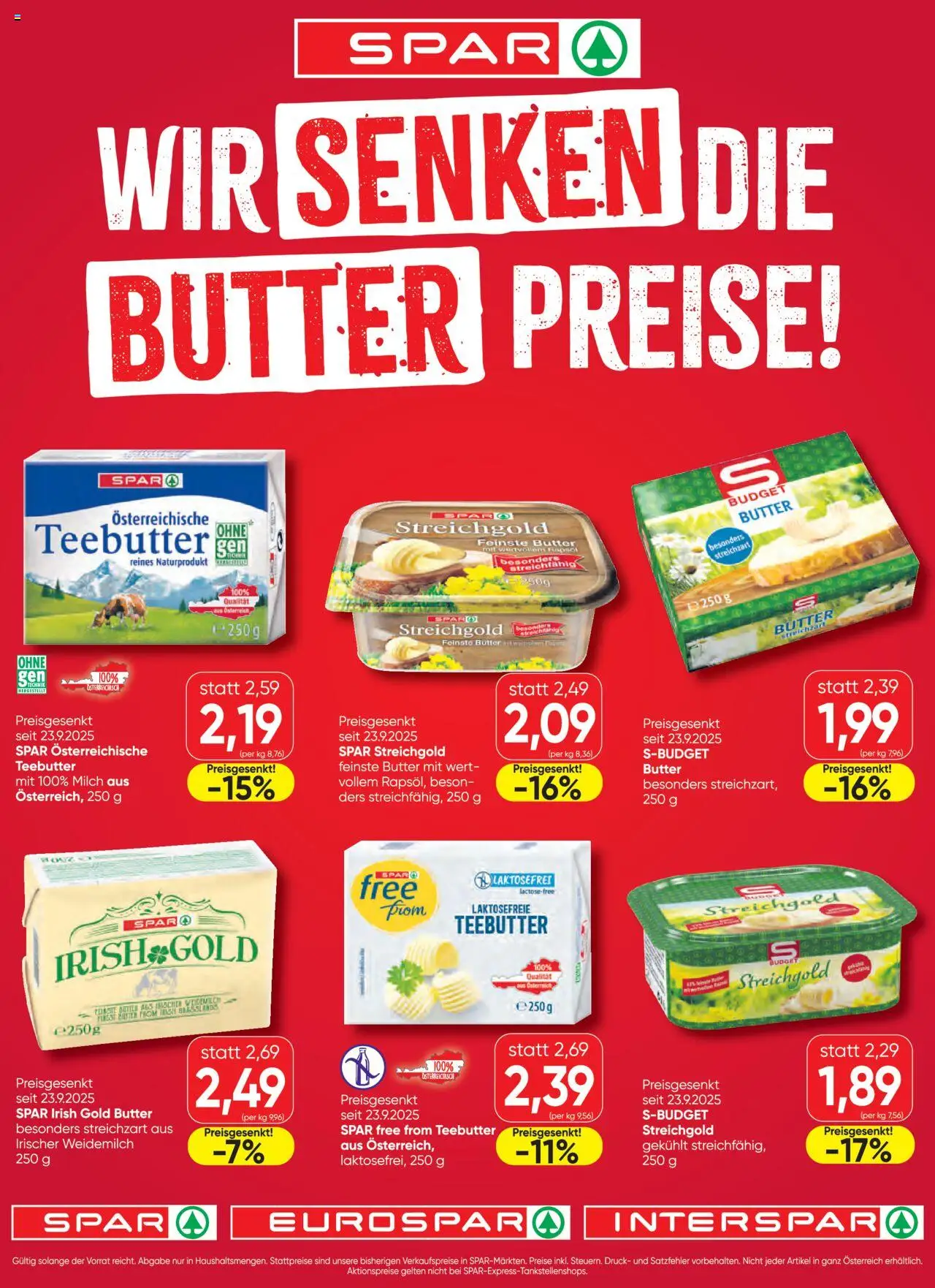  SPAR Flugblatt 27.09.2025 - Prospekt "Preissenkung Butter Wien" - Seite 1 - Milch, Butter, Rapsöl