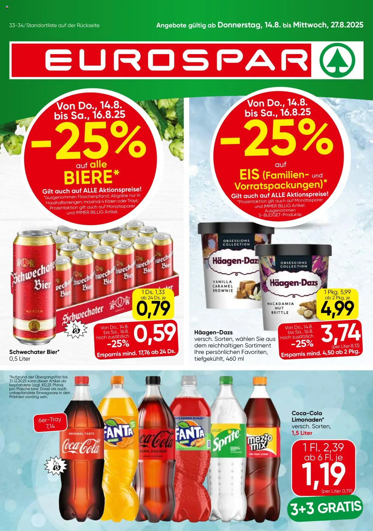 Eurospar Flugblatt ab (14.08.2025 - 27.08.2025) - Seite 1 - Eis, Bier, Zucker, Fanta
