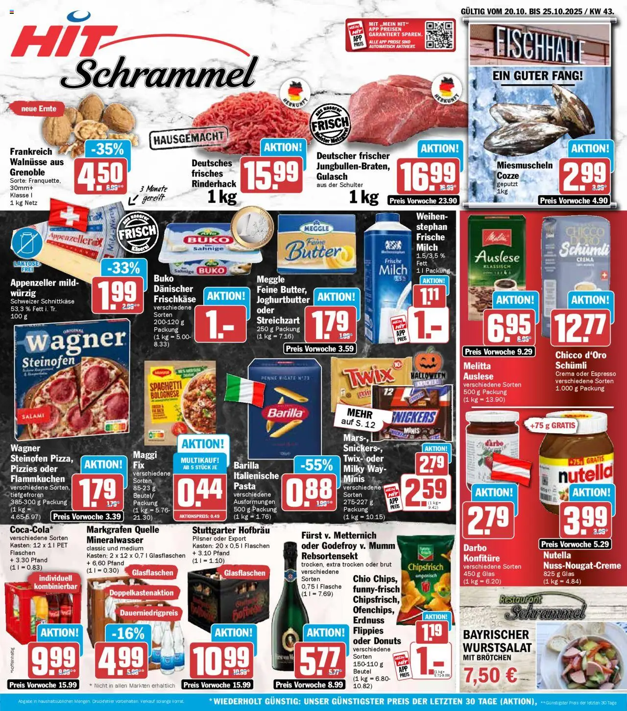 HIT Prospekt ab 20.10.2025 nächste Woche > Baden-Württemberg - Nutella, Spaghetti, Donuts, Snickers, Barilla, Twix, Schulter, Frischkase