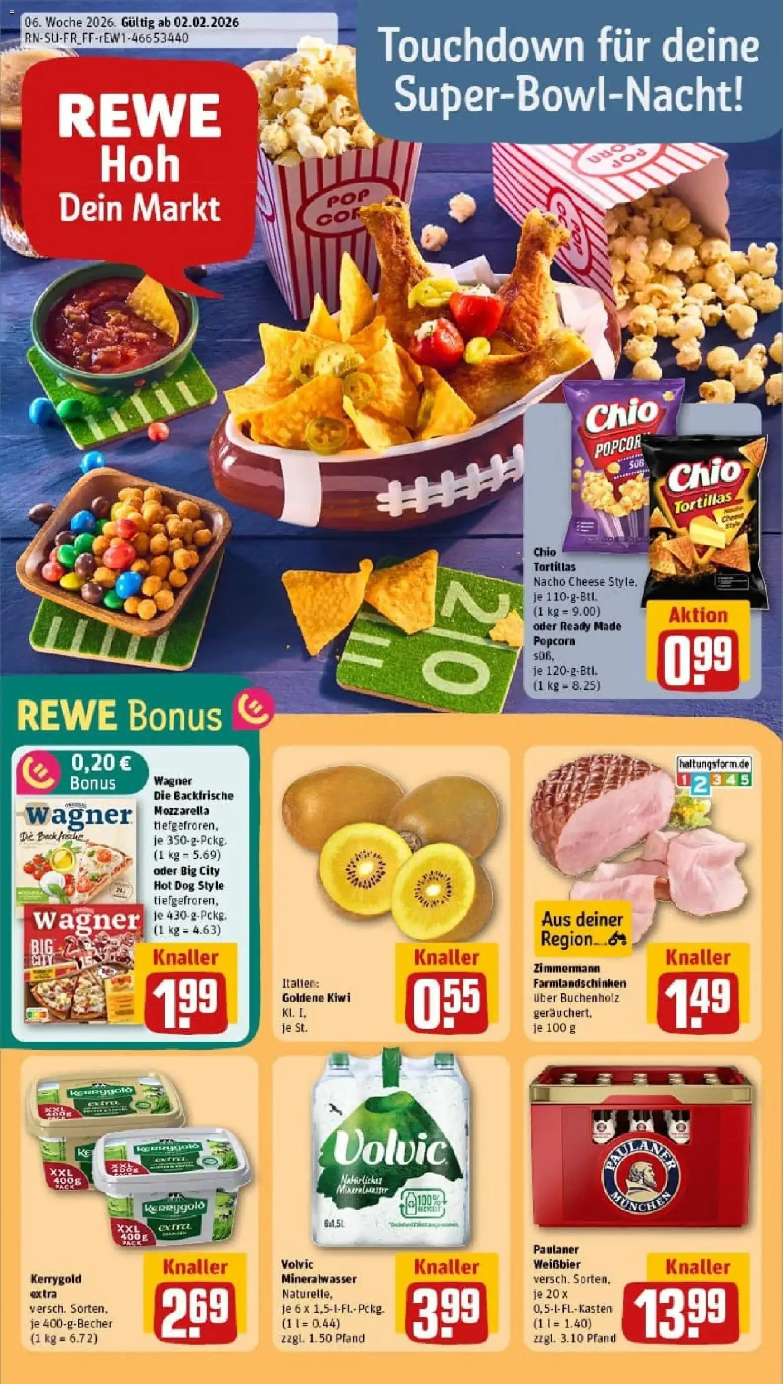 Vorschau von dem Prospekt des Geschäftes Rewe, gültig ab dem 02.02.2026 - Pizza, Chips, Butter, Mineralwasser, Paulaner, Volvic, Weißbier, Chio tortillas