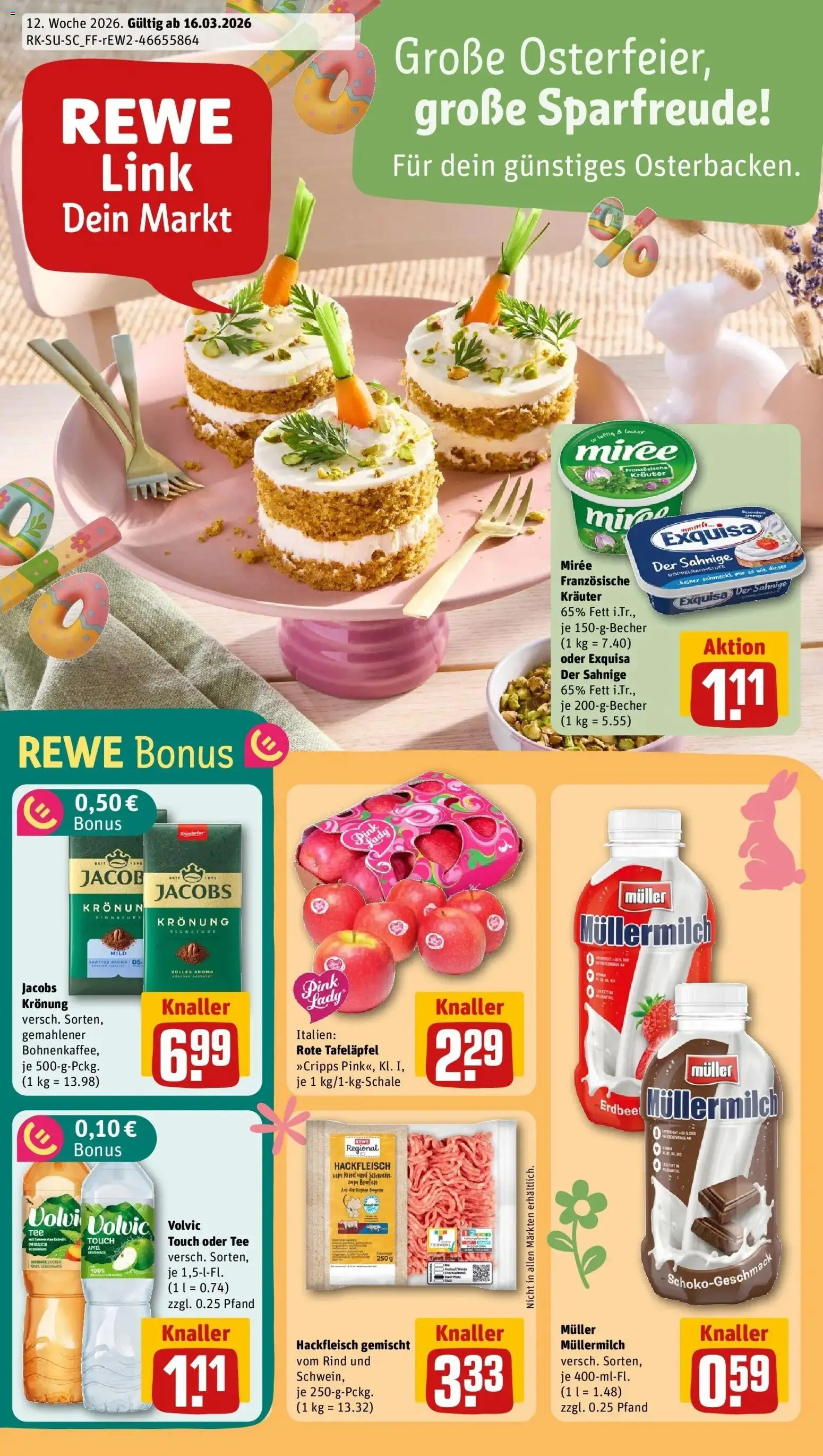 Vorschau von dem Prospekt des Geschäftes Rewe, gültig ab dem 15.03.2026 - Äpfel, Tee, Hackfleisch, Pfirsich, Müllermilch, Volvic, Exquisa, Volvic touch