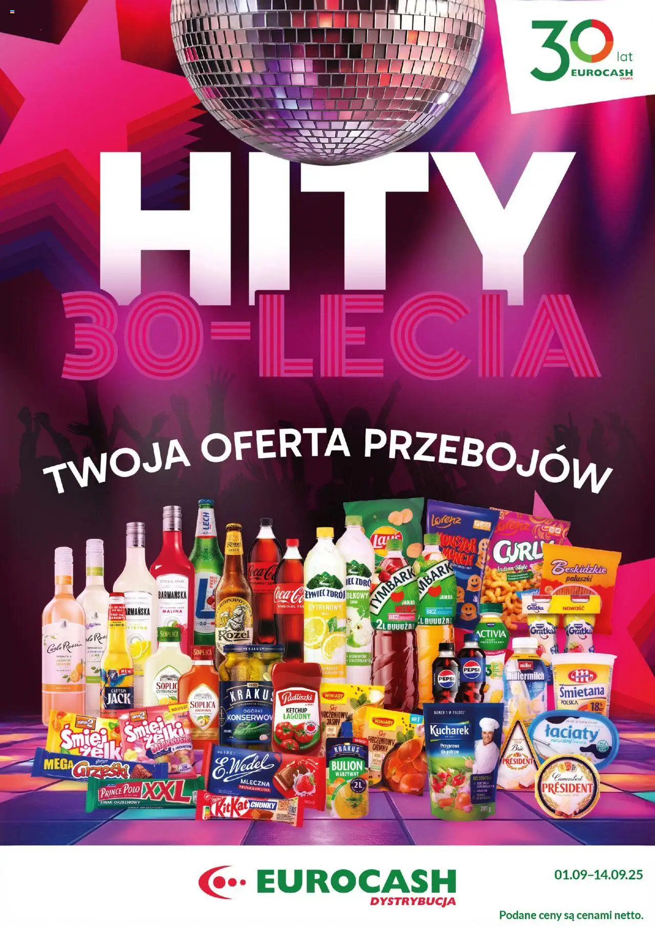 Eurocash Katalog Hity 30-lecia od 01.09.2025 - Nowa Gazetka - Numer strony 1 - Soplica, Ogórki, Camembert, Ketchup, Leżak, Paluszki, Bulion, Prince polo xxl