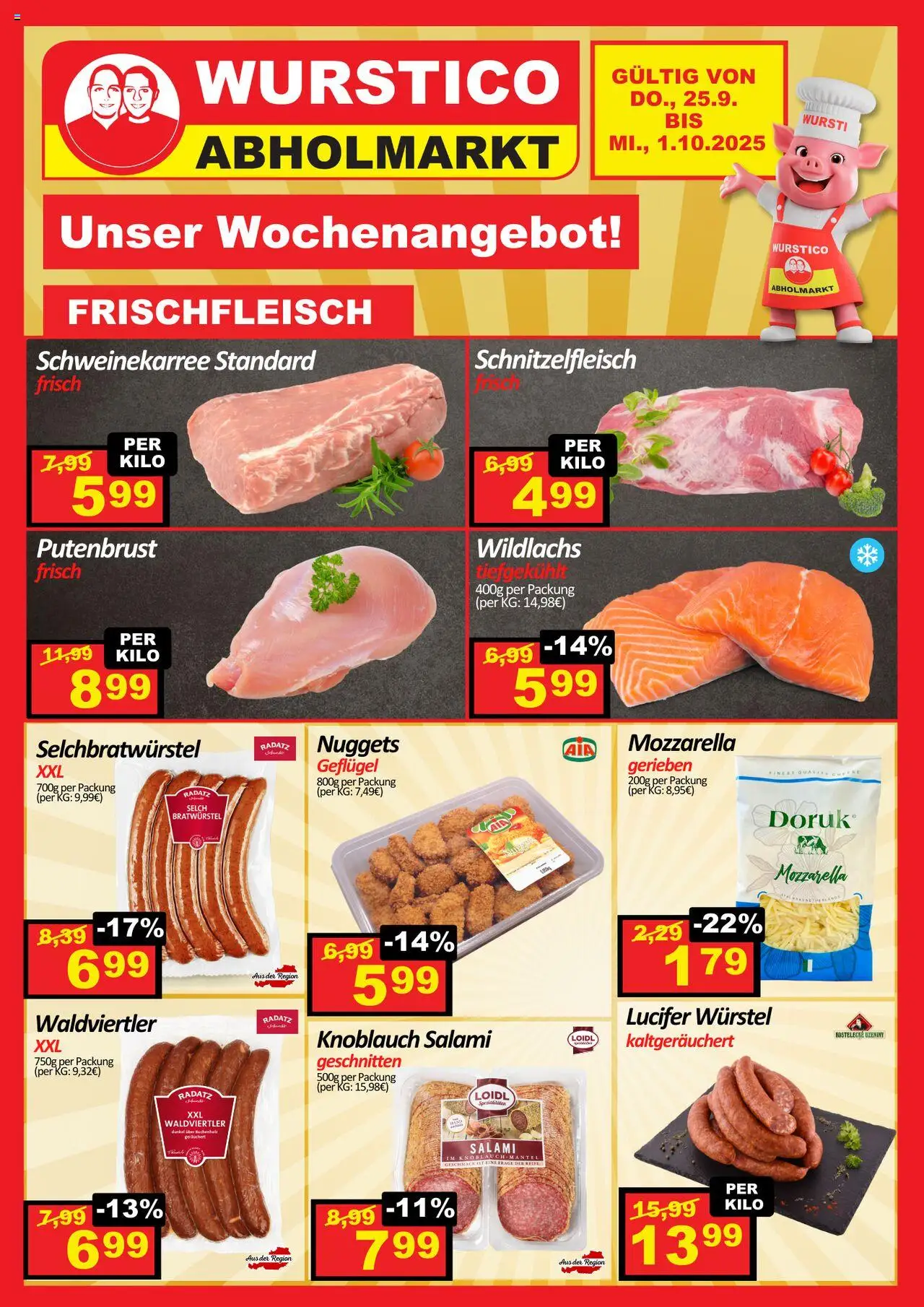 Wurstico Abholmarkt Flugblatt ab (25.09.2025 - 01.10.2025) - Seite 1 - Knoblauch, Mantel, Salami, Putenbrust