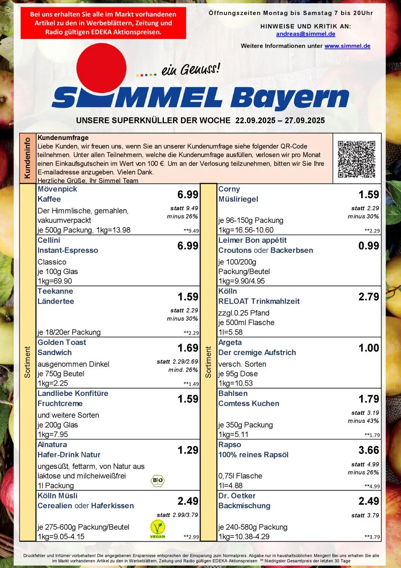 Simmel Bayern (vom 22.09.2025 - 27.09.2025) - Kaffee, Radio, Teekanne, Toast, Haferdrink, Kolln, Musli, Kolln musli