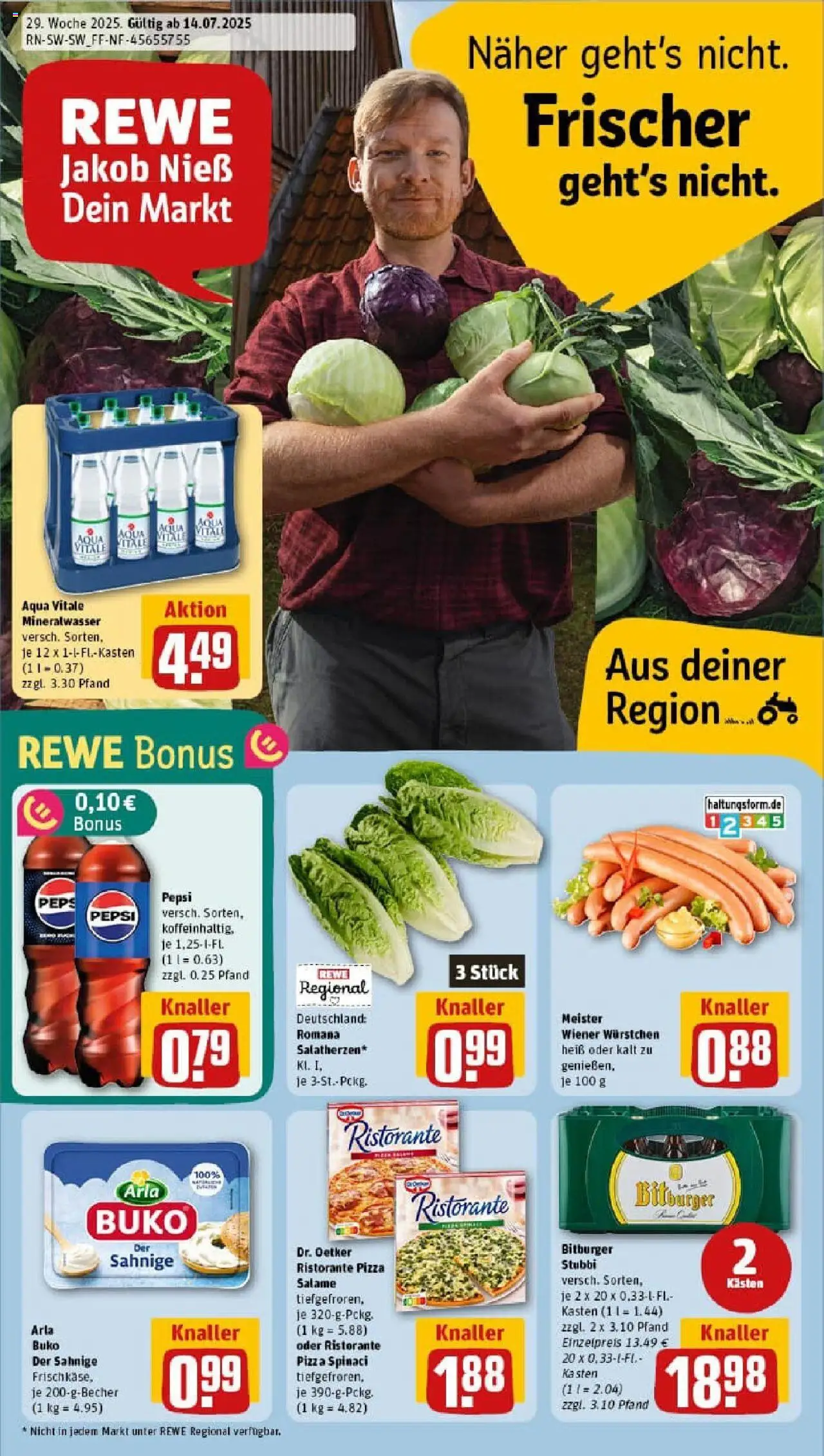 REWE Prospekt ab 13.07.2025 nächste Woche - Prospekt Lauingen - Pizza, Mineralwasser, Ristorante, Bitburger, Pepsi, Arla buko, Wiener wurstchen