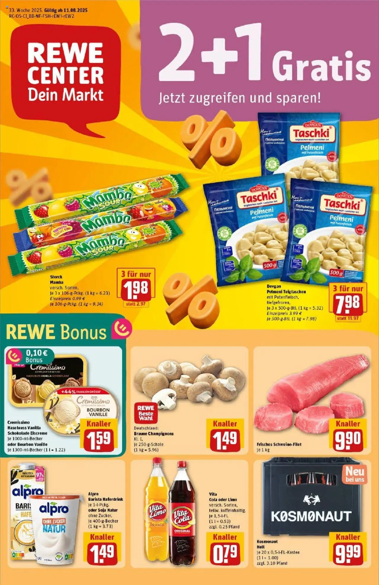 REWE Prospekt ab 11.08.2025 nächste Woche - Prospekt Elsterwerda - Schokolade, Cola, Schweinefilet, Vita cola, Bourbon, Alpro, Eiscreme, Haferdrink