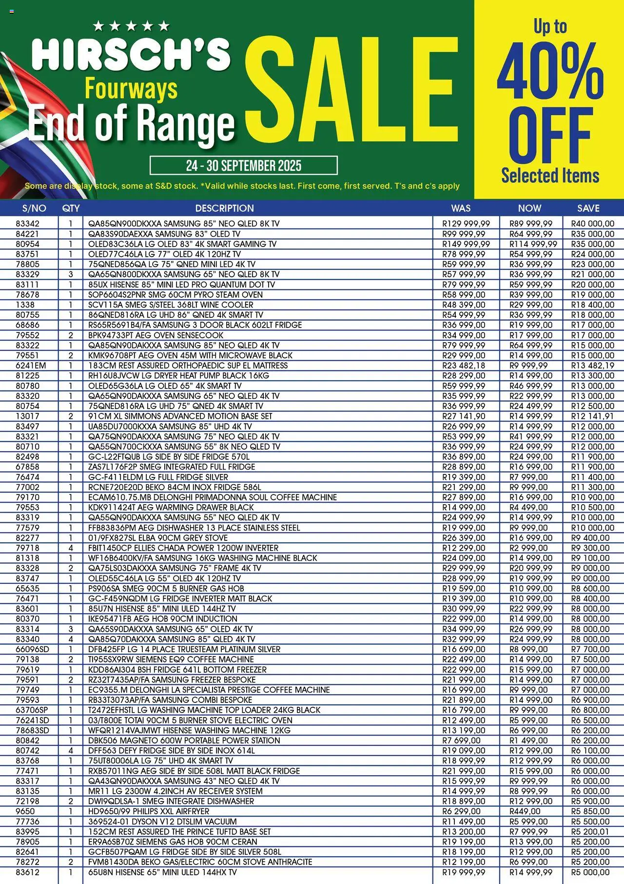 Hirsch's End of Range Sale Fourways from 24/09 - 30/09/2025 > Promotions