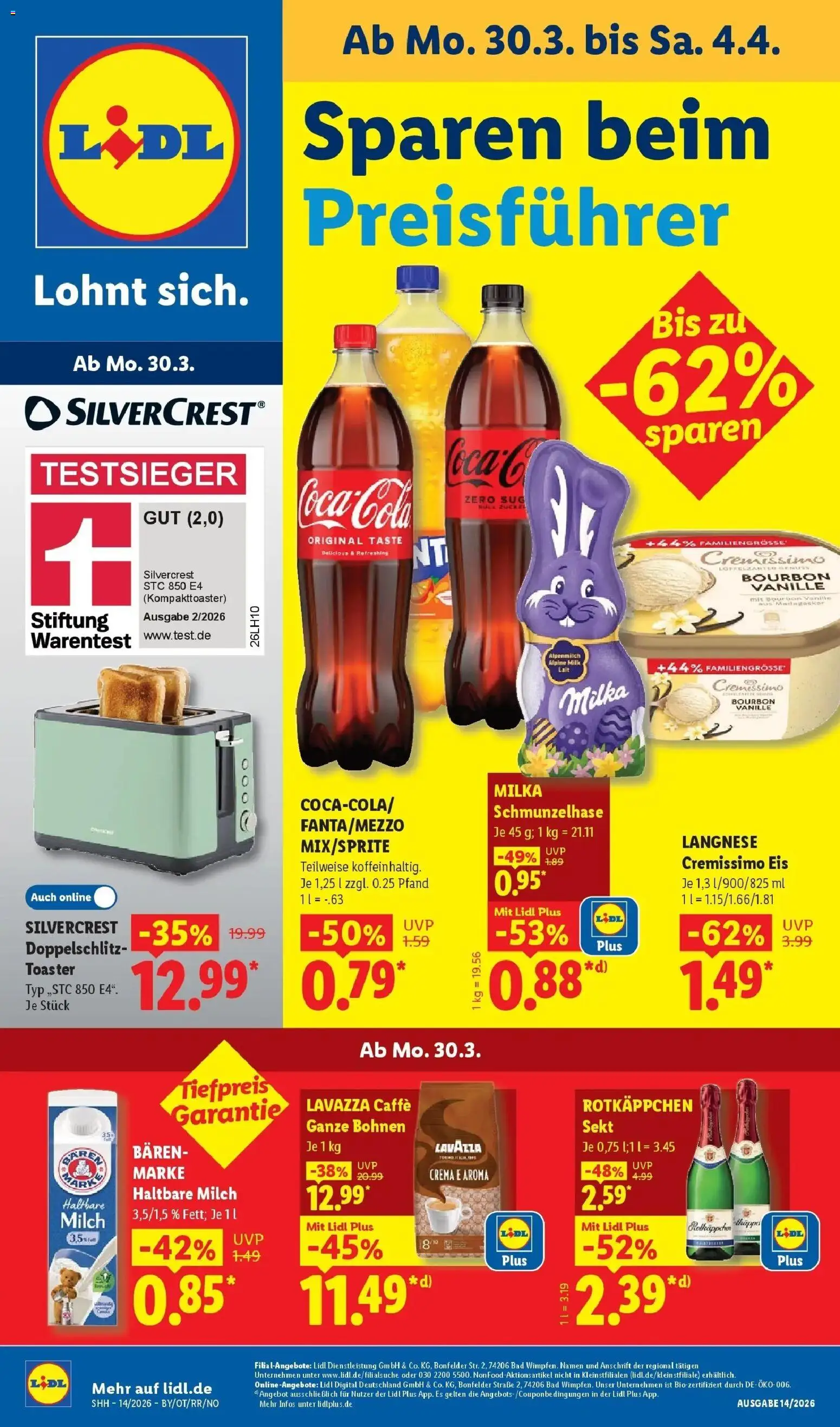 Vorschau von dem Prospekt des Geschäftes Lidl, gültig ab dem 30.03.2026 - Milch, Rotkäppchen, Milka, Lavazza, Bourbon, Langnese, Haltbare milch, Cremissimo