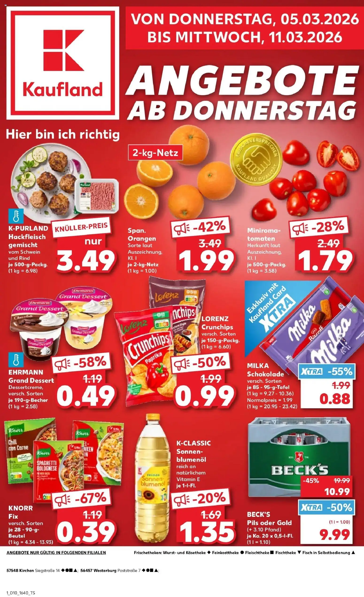 Vorschau von dem Prospekt des Geschäftes Kaufland, gültig ab dem 05.03.2026 - Schokolade, Hackfleisch, Tomaten, Knorr, Orangen, Pils, Lorenz crunchips, Sonnenblumenol