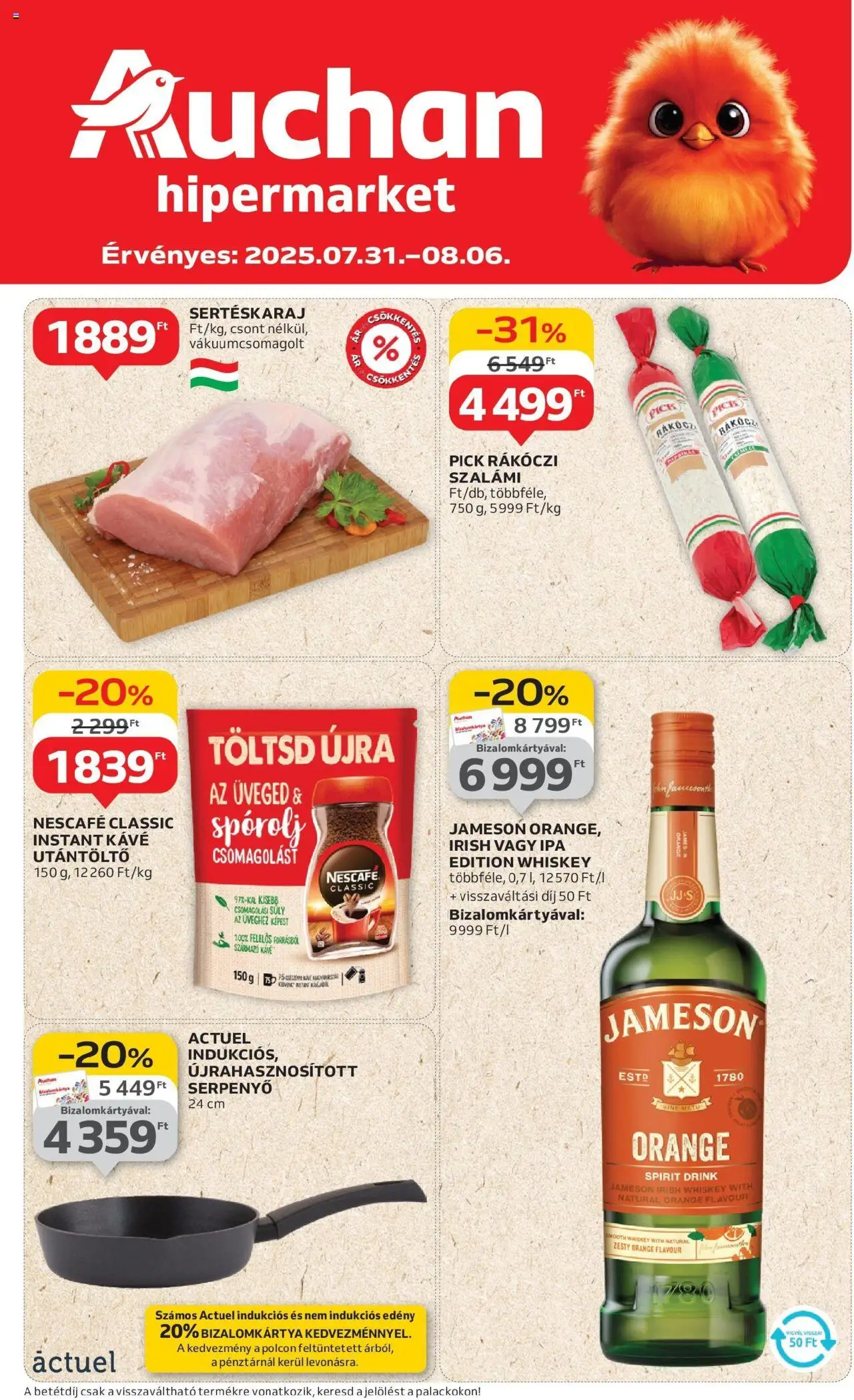 Auchan aktuális szórólap, érvényes 2025.07.31.-től - 1 oldal - Kávé, Whiskey, Jameson, Pick, Instant kávé, Edény, Rákóczi szalámi, Pick Rákóczi szalámi
