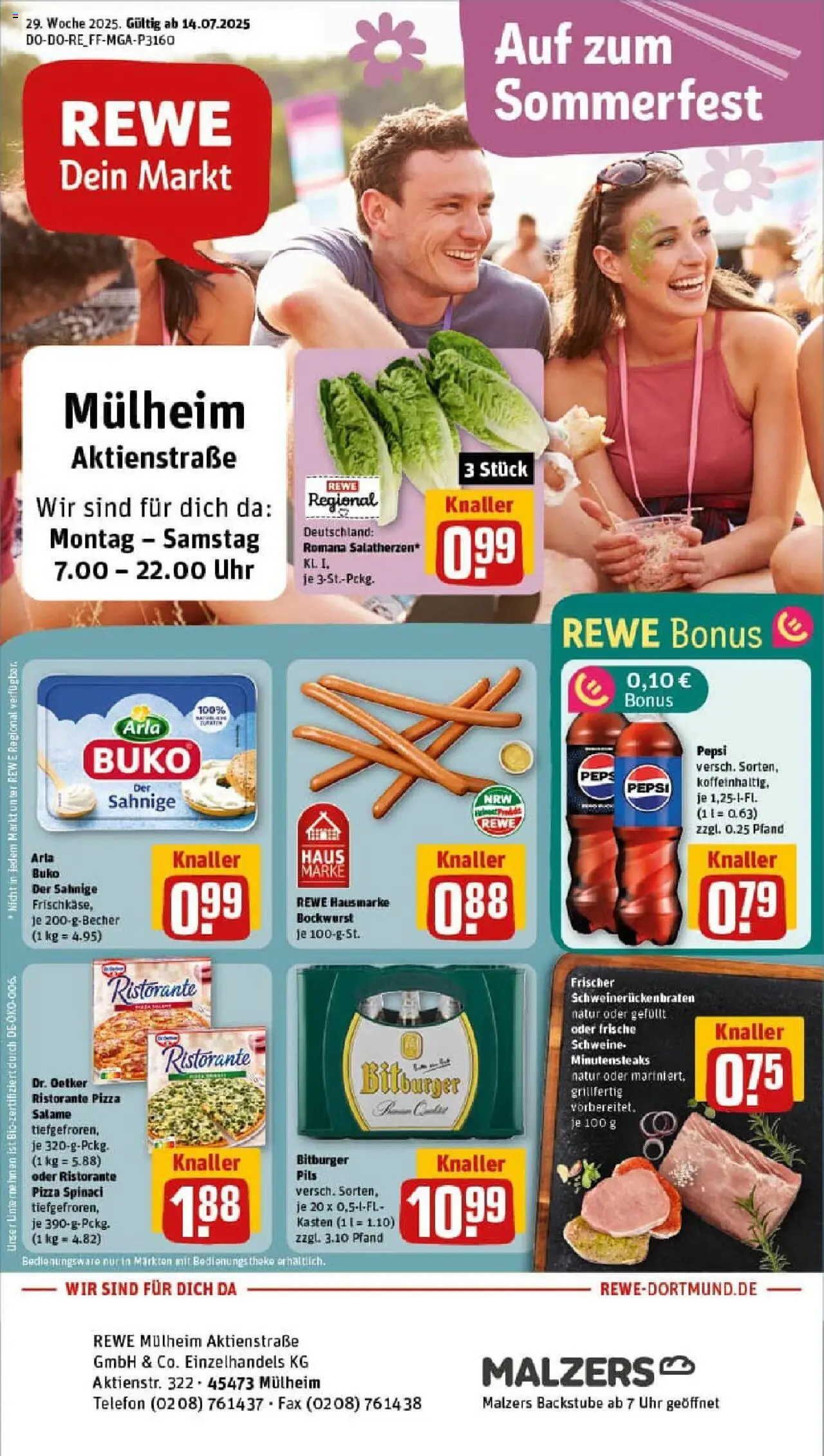 REWE Prospekt ab 13.07.2025 nächste Woche - Prospekt Mülheim An Der Ruhr - Pizza, Uhr, Telefon, Cola, Bitburger, Theke, Pils, Arla buko