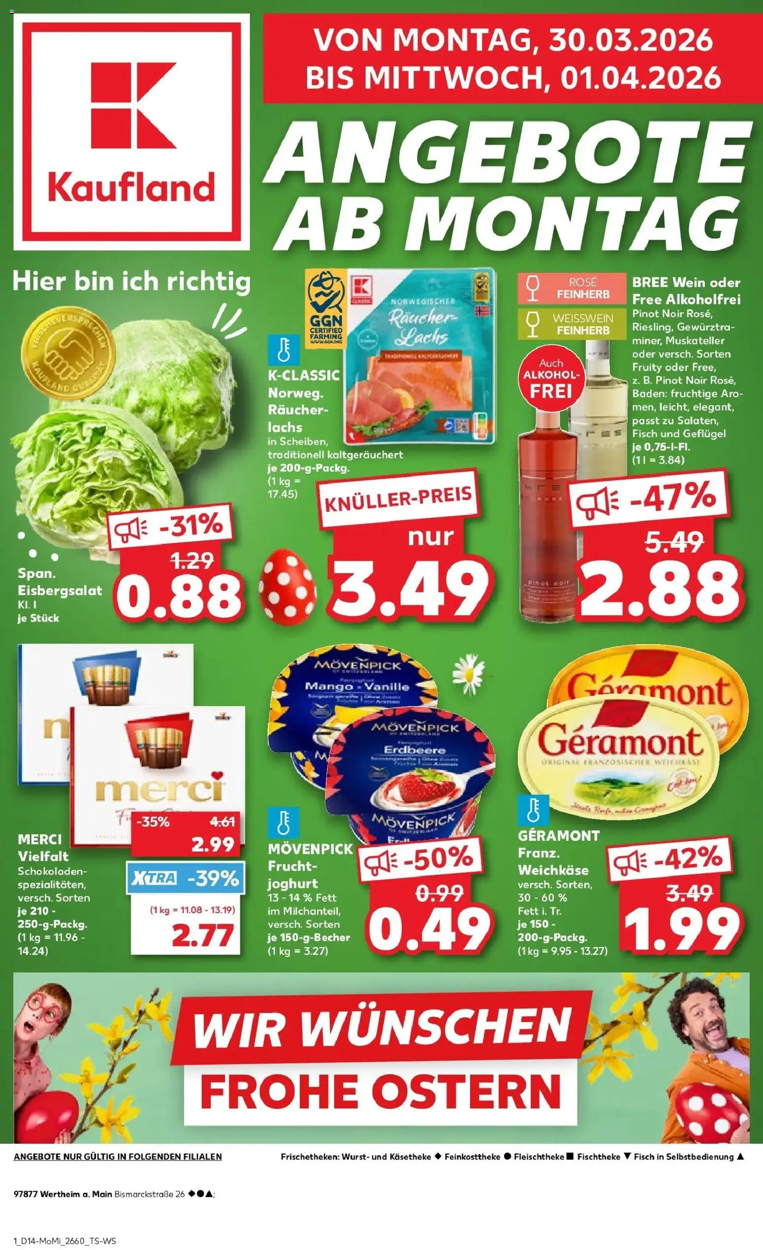 Vorschau von dem Prospekt des Geschäftes Kaufland, gültig ab dem 30.03.2026 - Wurst, Wein, Joghurt, Lachs, Merci, Vanille, Weißwein, Bree