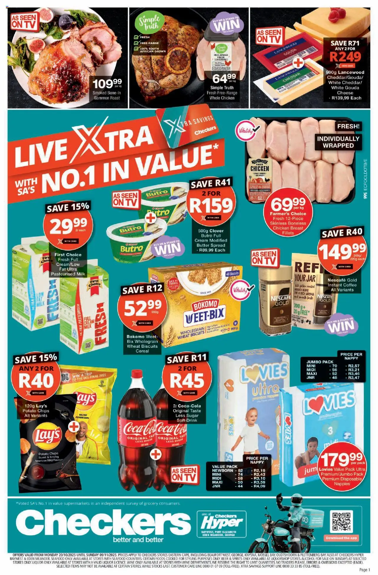 Preview of Checkers flyer valid from 20/10/2025 - TV, Milk, Cheese, Biscuits, Seafood, Cream, Spread, Cheddar