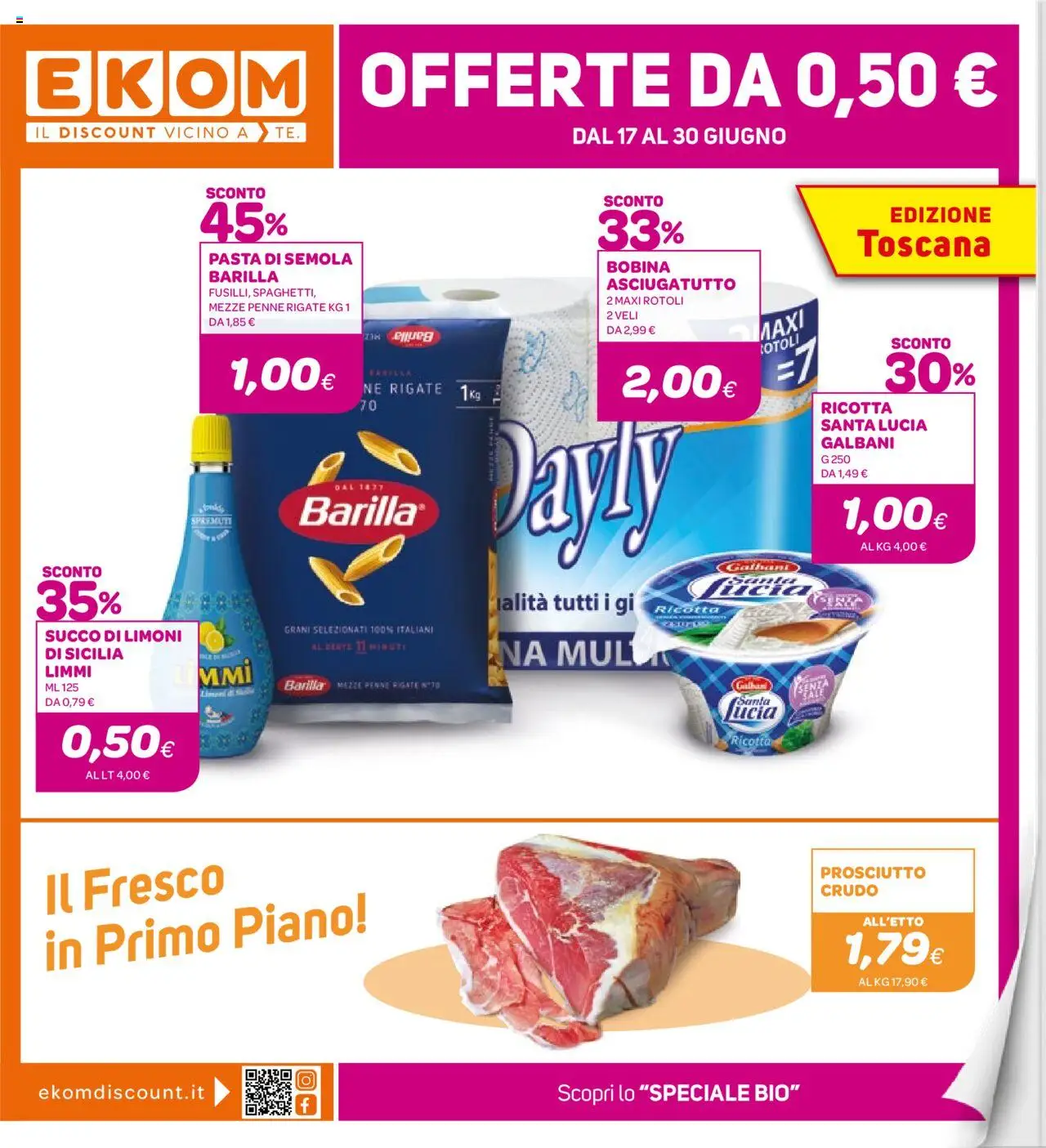 Volantino Ekom valido da 17/06/2025 numero di pagina 1 - Pasta, Ricotta, Penne, Prosciutto, Semola, Pasta di semola, Limoni, Asciugatutto