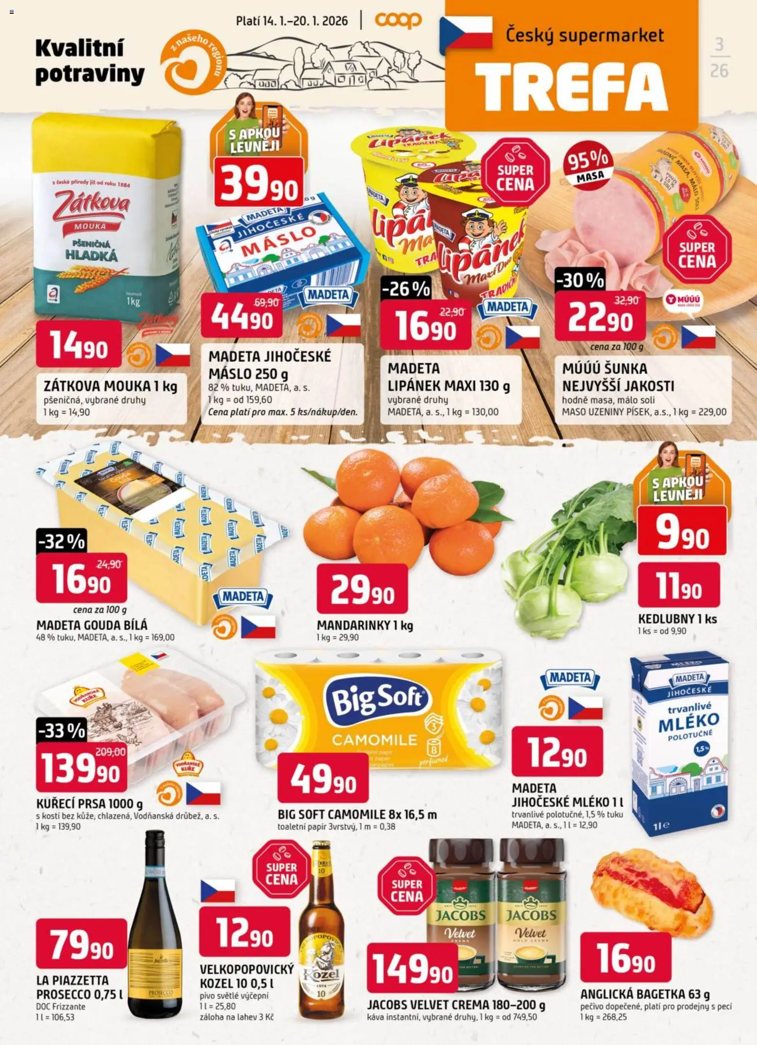 Náhled nabídky: Trefa Leták platný od 14.01.2026 - Pivo, Mléko, Kozel, Kuře, Kuřecí prsa, Jacobs, Uzeniny, Kozel 10