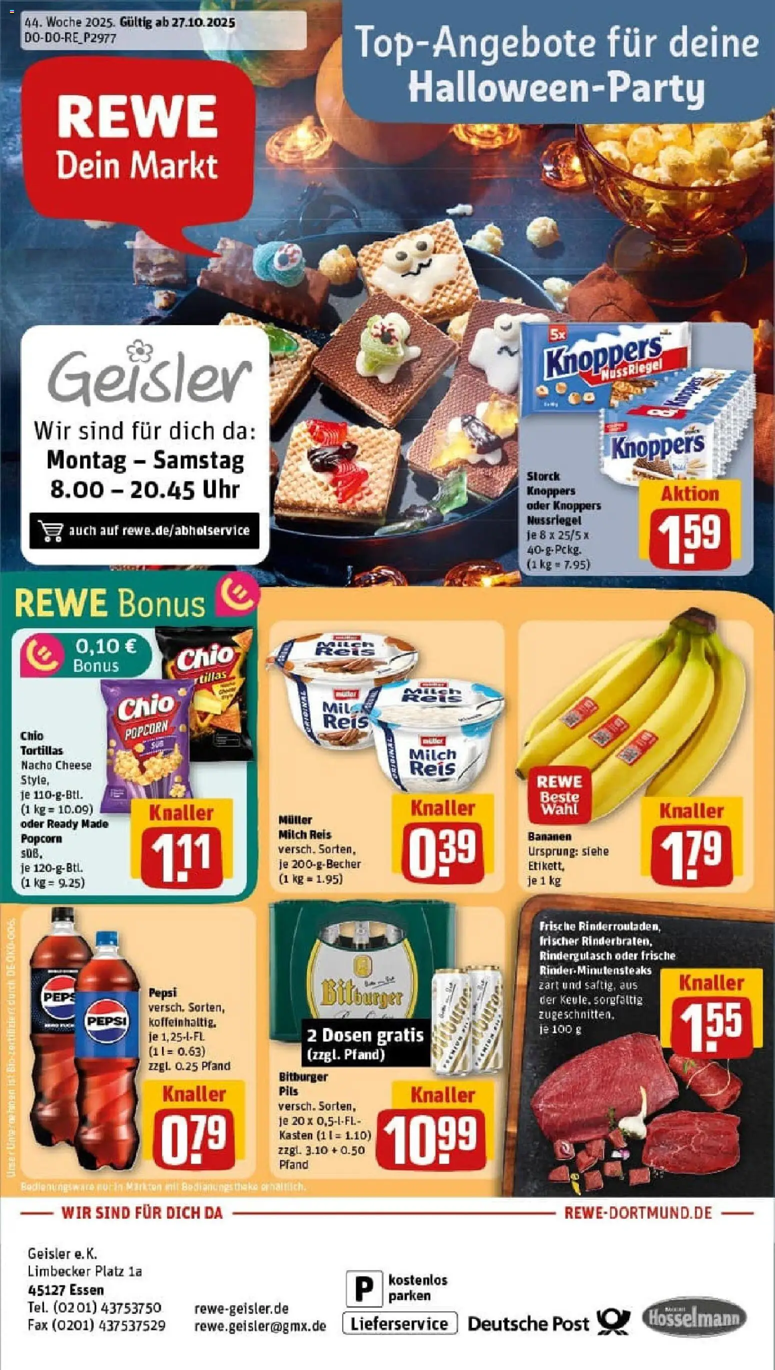 Vorschau von dem Prospekt des Geschäftes Rewe, gültig ab dem 26.10.2025 - Uhr, Bananen, Milch, Reis, Popcorn, Rindergulasch, Bitburger, Pils