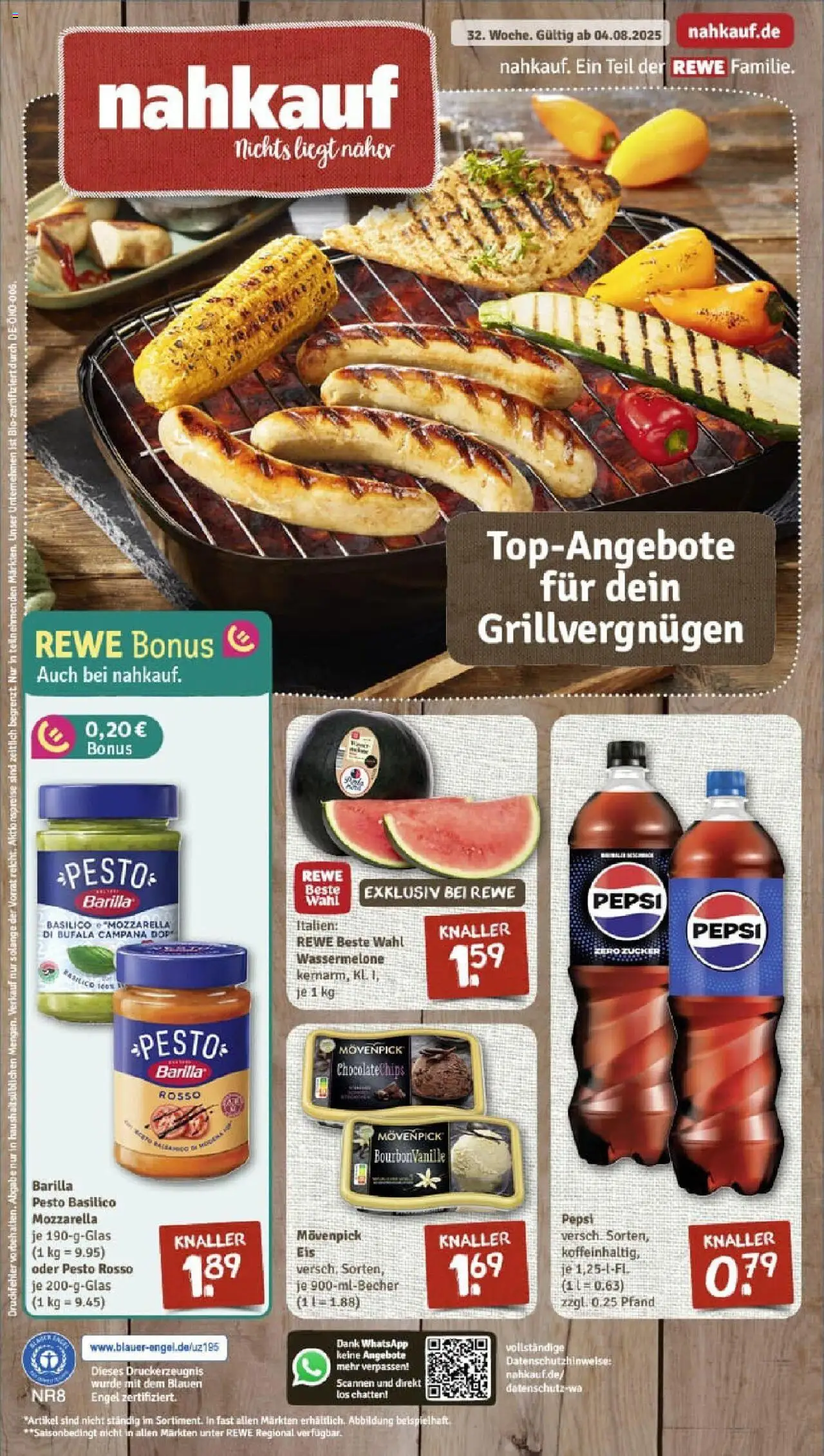 REWE Prospekt ab 03.08.2025 nächste Woche - Prospekt Welzow - Eis, Mozzarella, Wassermelone, Barilla, Pepsi, Barilla pesto, Movenpick eis