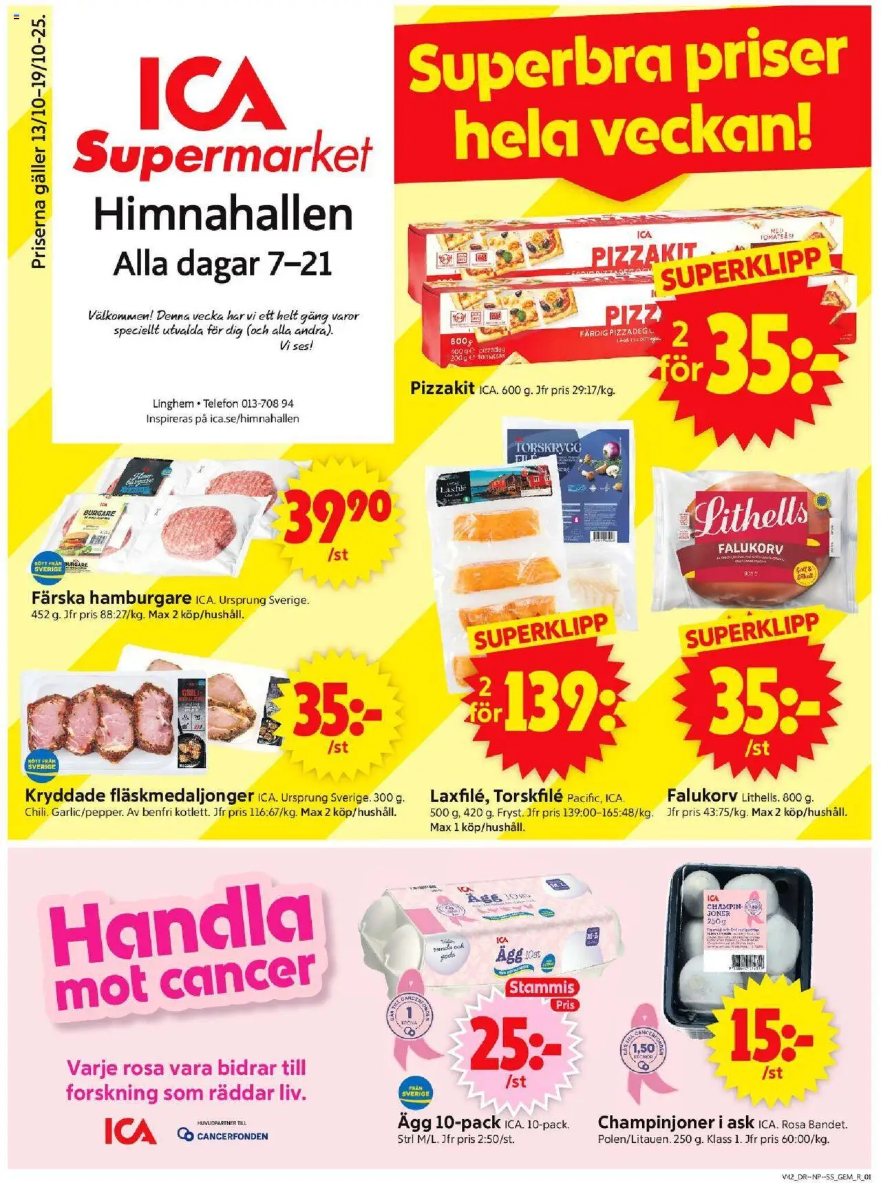 Linghem är giltig 13/10 2025 > Veckans Erbjudanden gäller från 13/10/2025 till 19/10/2025 sidnummer 1 - Hamburgare, Pizzadeg, Chili, Falukorv, Kött, Champinjoner, Pizzakit, Torskfile