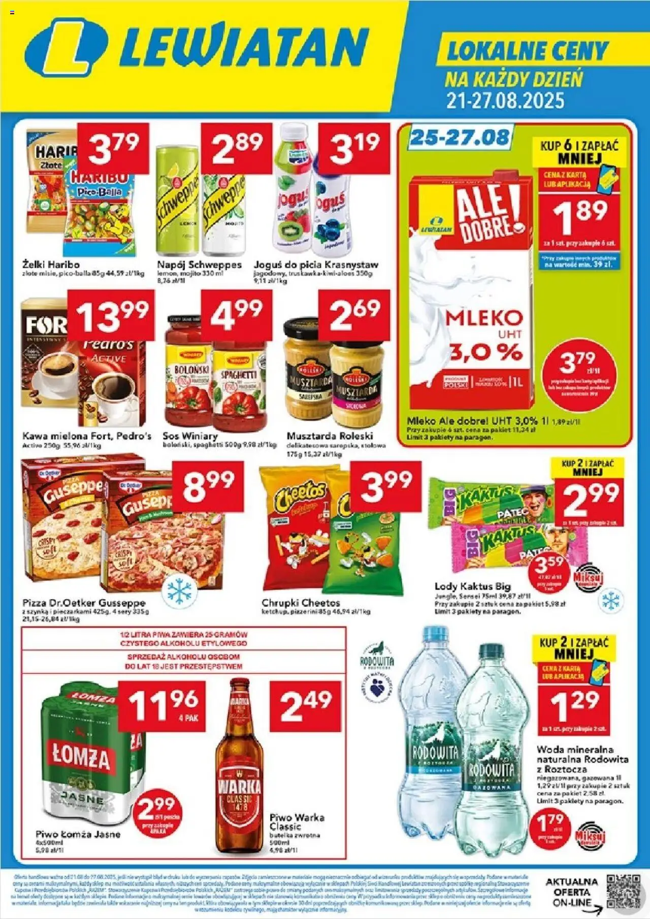 Lewiatan gazetka od 21.08.2025 - Promocje "Lublin" - Numer strony 1 - Pizza, Lody, Warka, Spaghetti, Żelki, Szynka, Woda mineralna, Lody Kaktus
